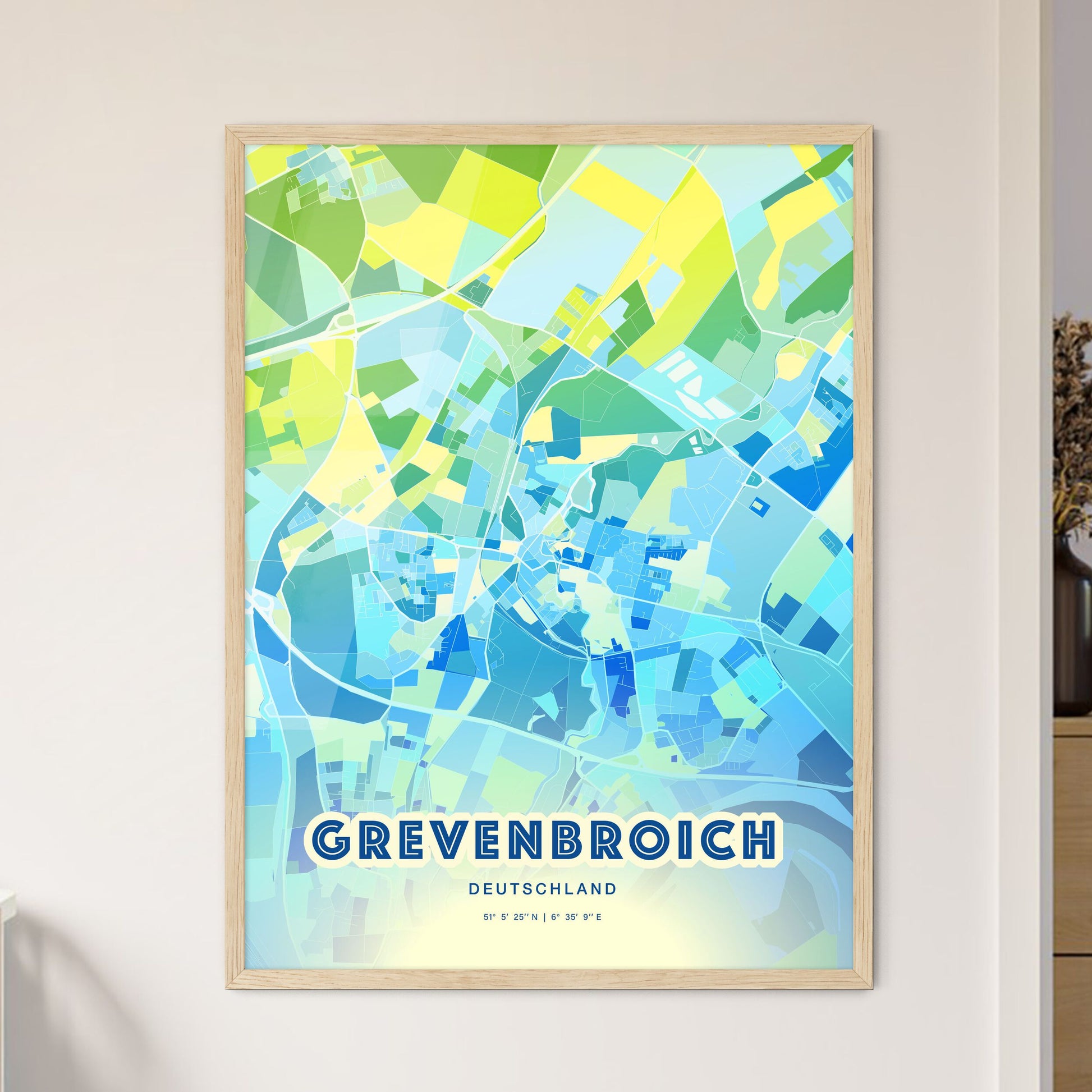 Colorful GREVENBROICH GERMANY Fine Art Map Cool Blue