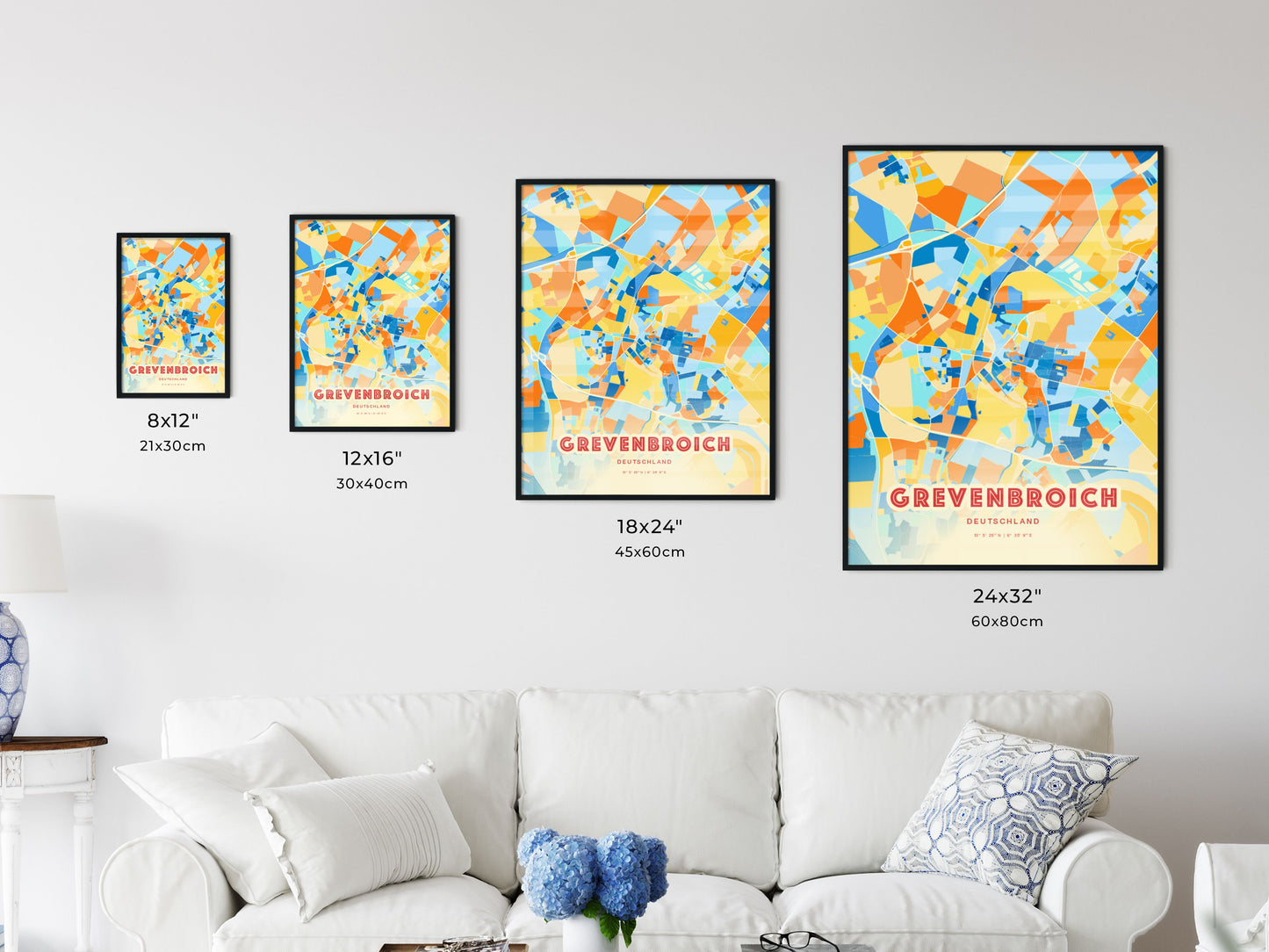 Colorful GREVENBROICH GERMANY Fine Art Map Blue Orange