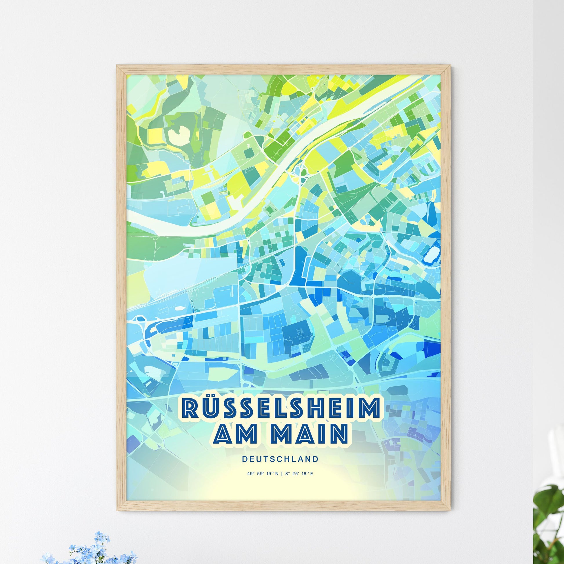 Colorful RUSSELSHEIM AM MAIN GERMANY Fine Art Map Cool Blue