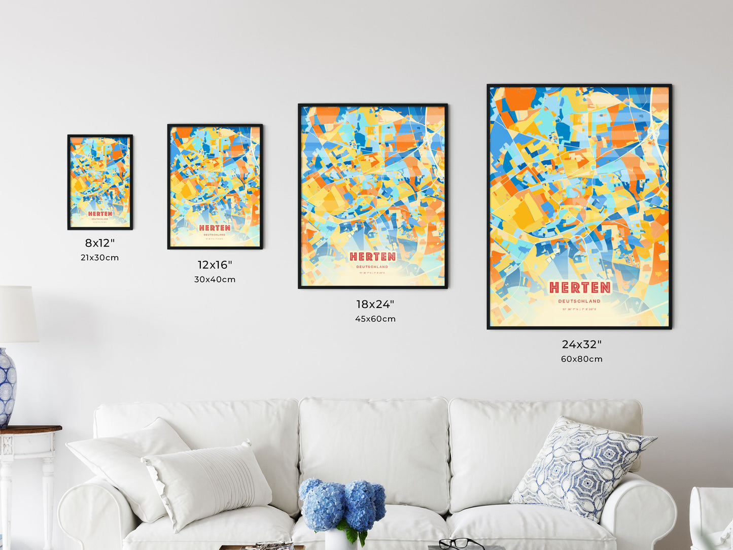 Colorful HERTEN GERMANY Fine Art Map Blue Orange