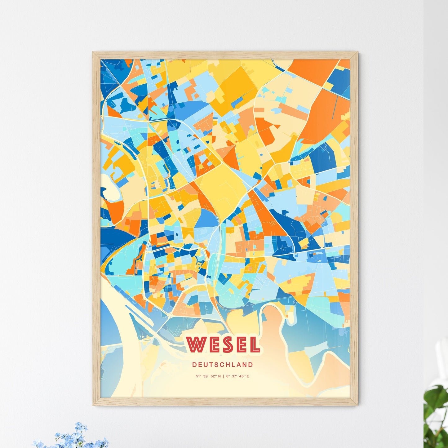 Colorful WESEL GERMANY Fine Art Map Blue Orange