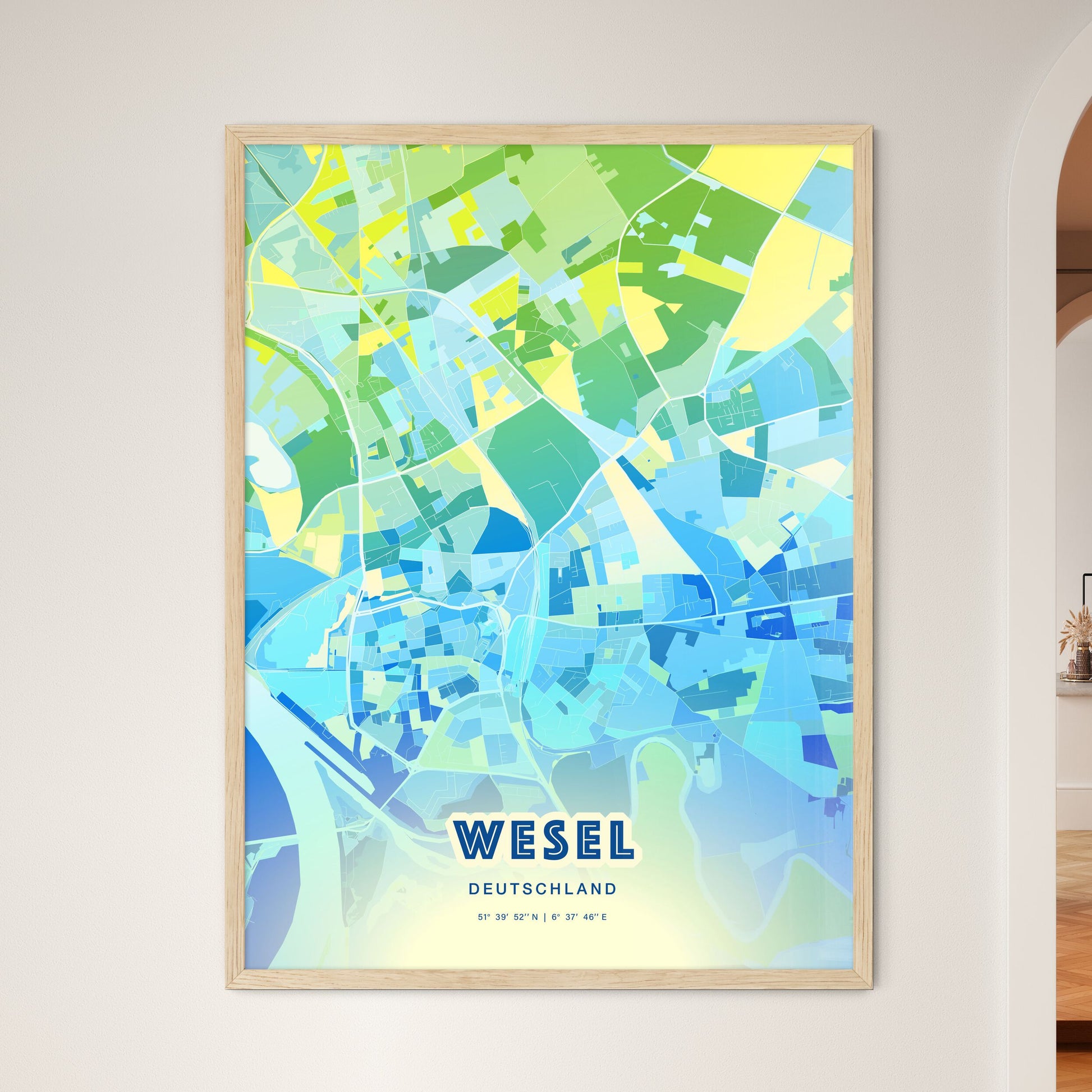 Colorful WESEL GERMANY Fine Art Map Cool Blue