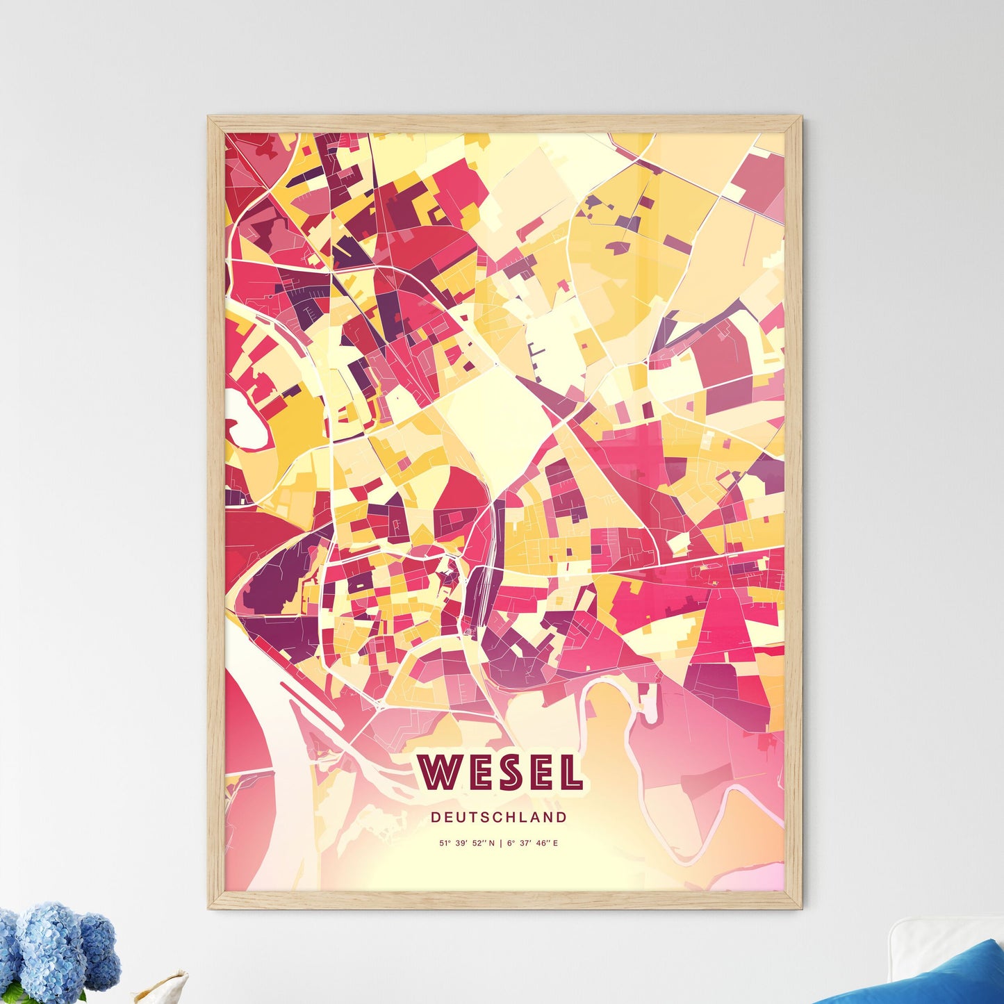 Colorful WESEL GERMANY Fine Art Map Hot Red