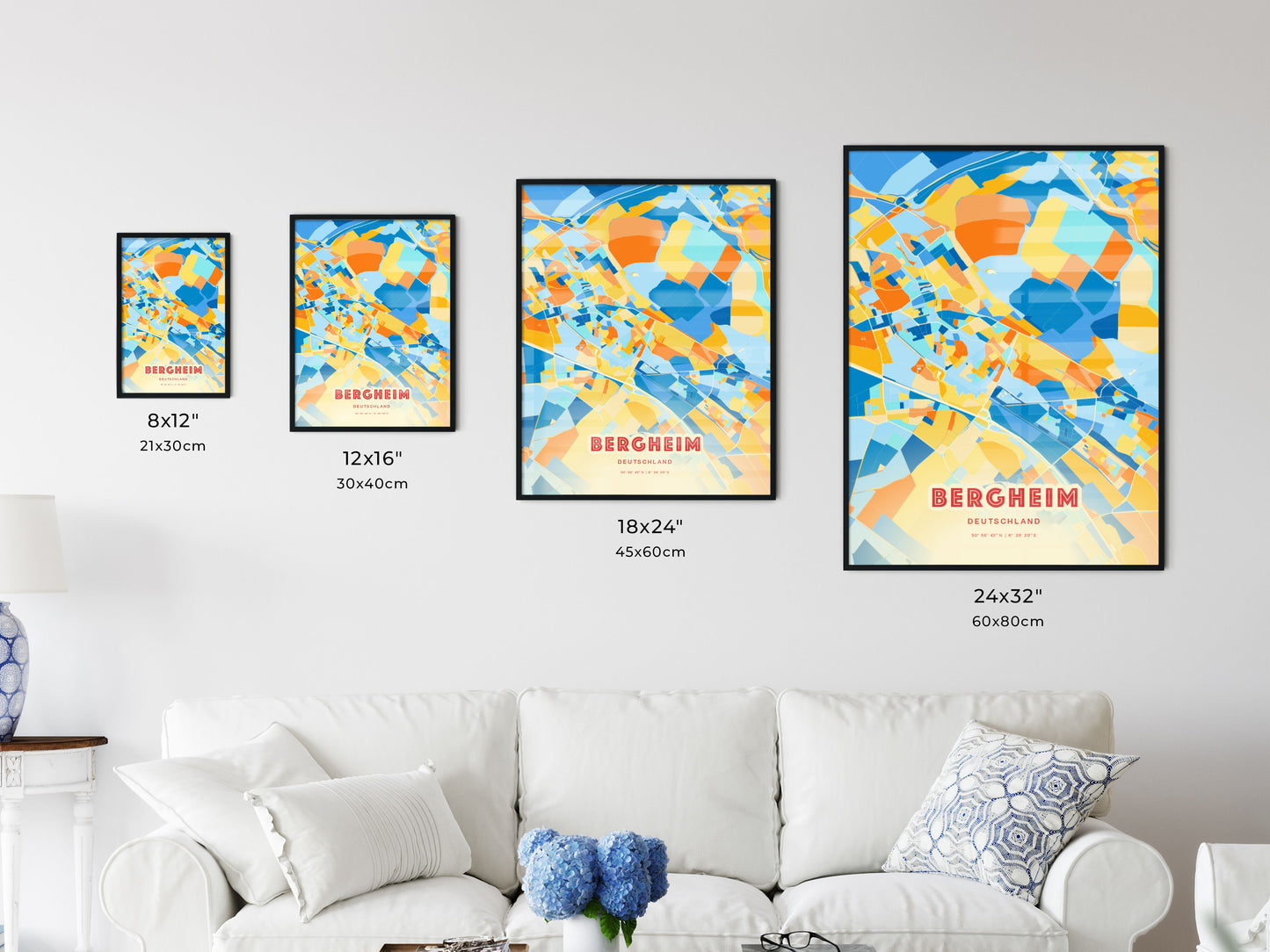 Colorful BERGHEIM GERMANY Fine Art Map Blue Orange