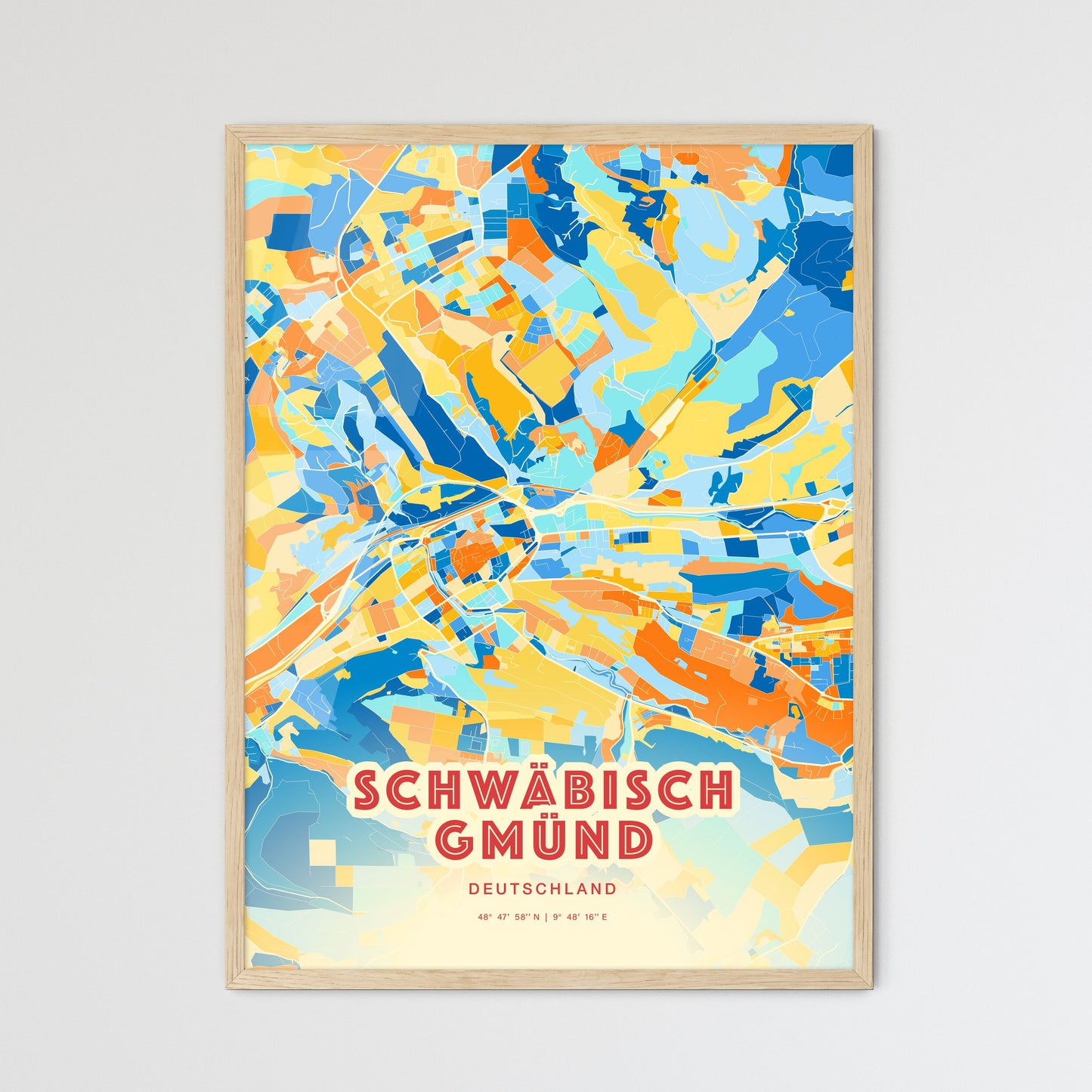 Colorful SCHWABISCH GMUND GERMANY Fine Art Map Blue Orange