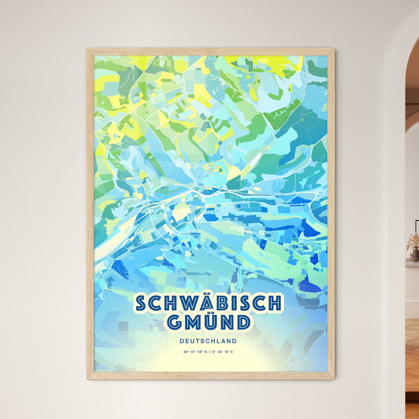 Colorful SCHWABISCH GMUND GERMANY Fine Art Map Cool Blue