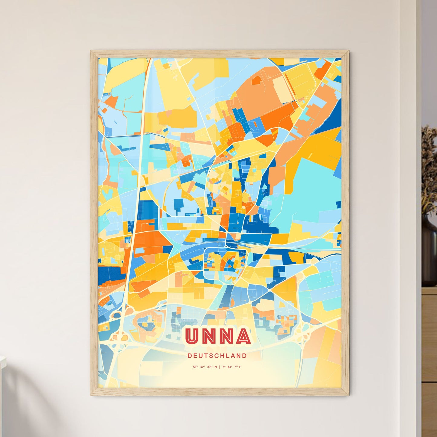 Colorful UNNA GERMANY Fine Art Map Blue Orange