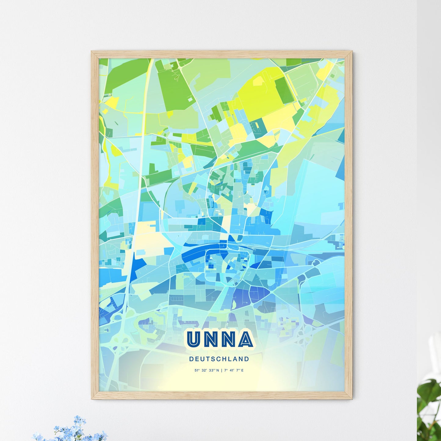 Colorful UNNA GERMANY Fine Art Map Cool Blue