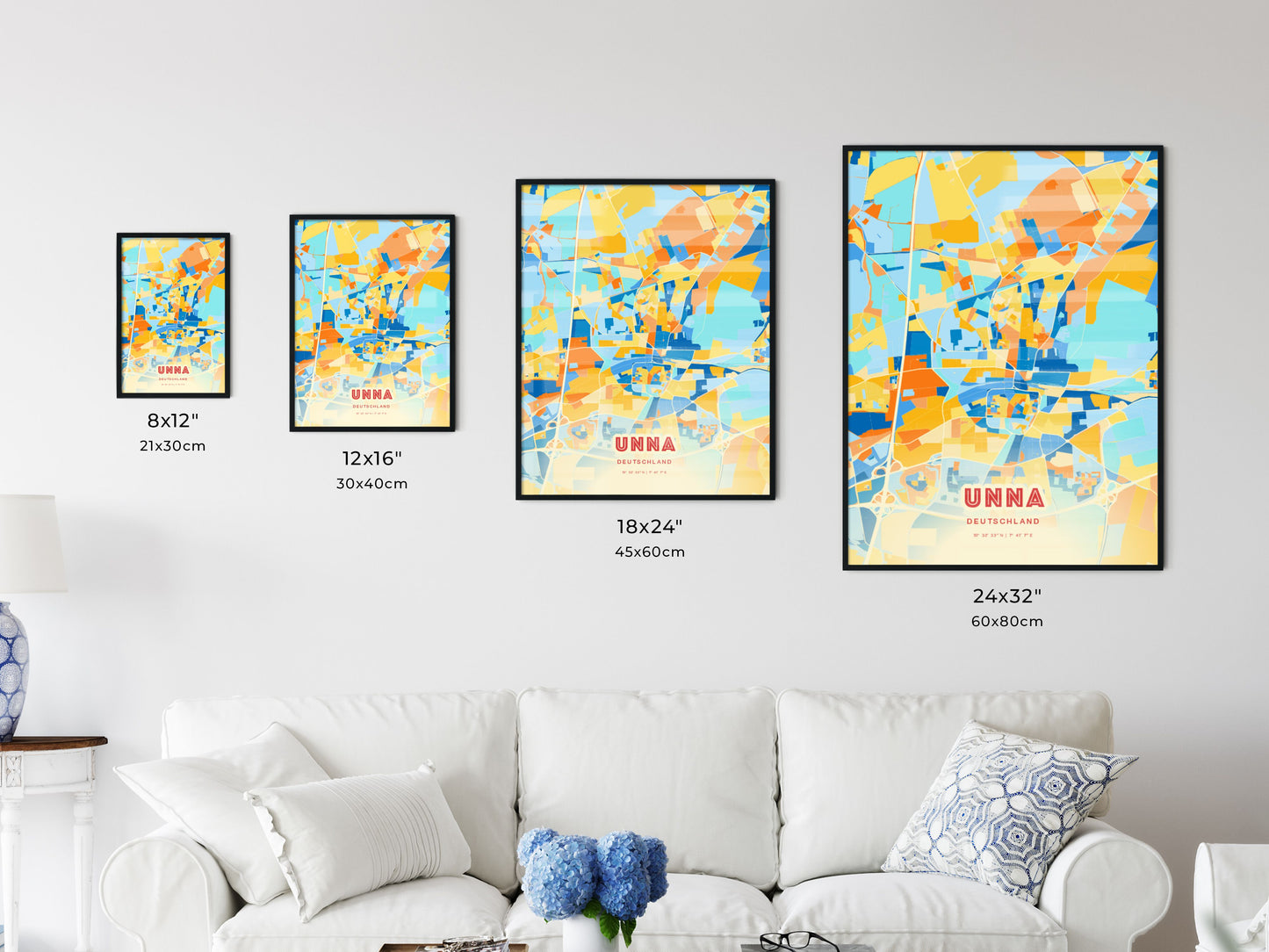 Colorful UNNA GERMANY Fine Art Map Blue Orange