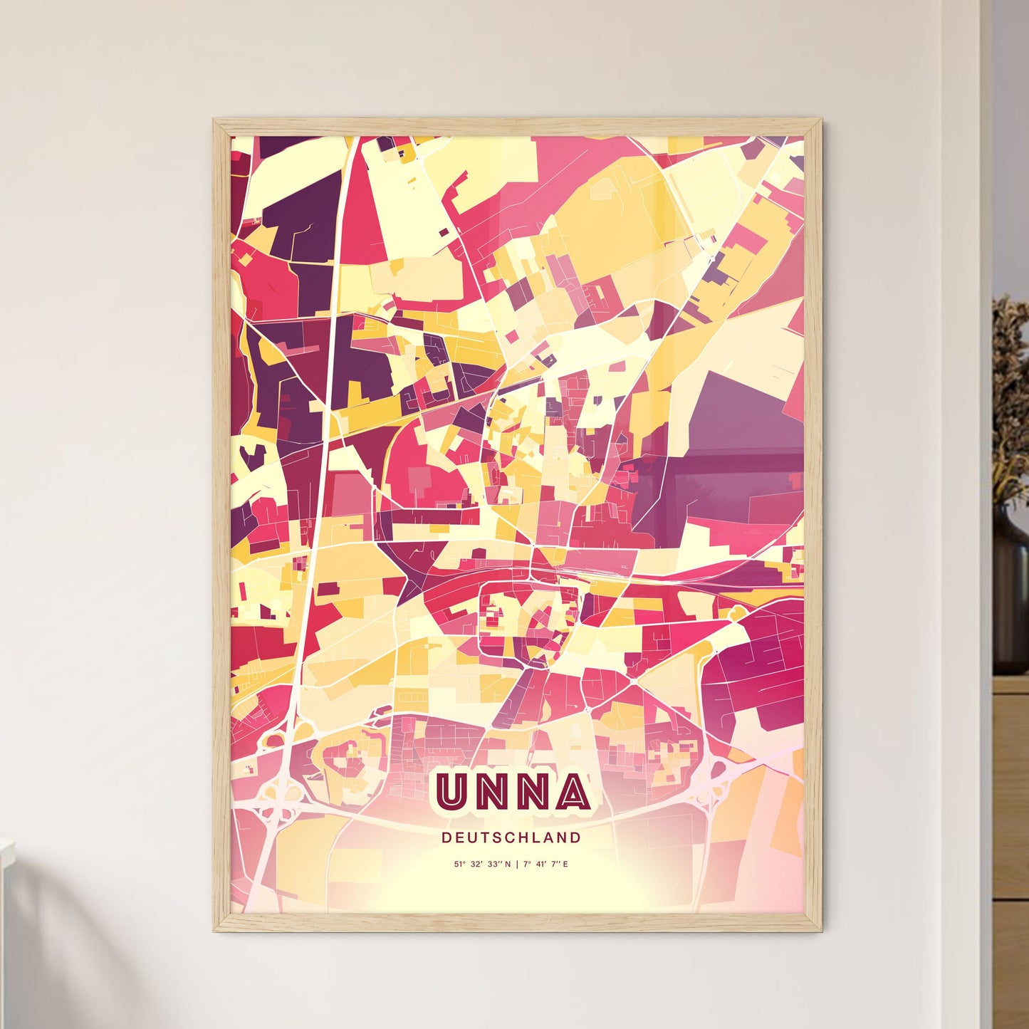 Colorful UNNA GERMANY Fine Art Map Hot Red