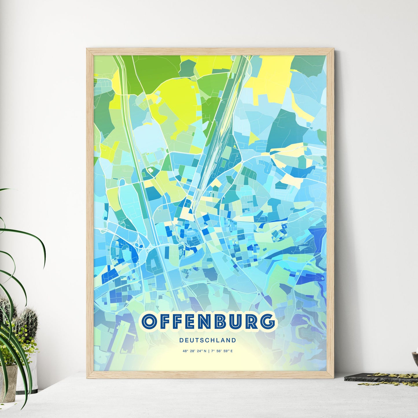 Colorful OFFENBURG GERMANY Fine Art Map Cool Blue