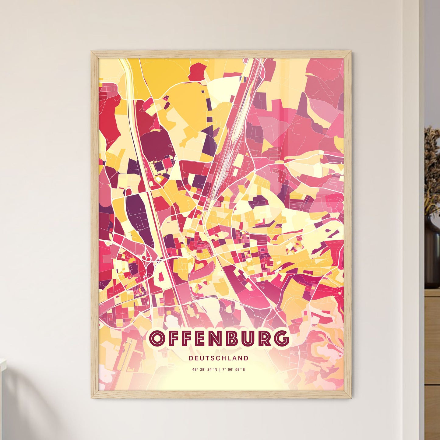 Colorful OFFENBURG GERMANY Fine Art Map Hot Red