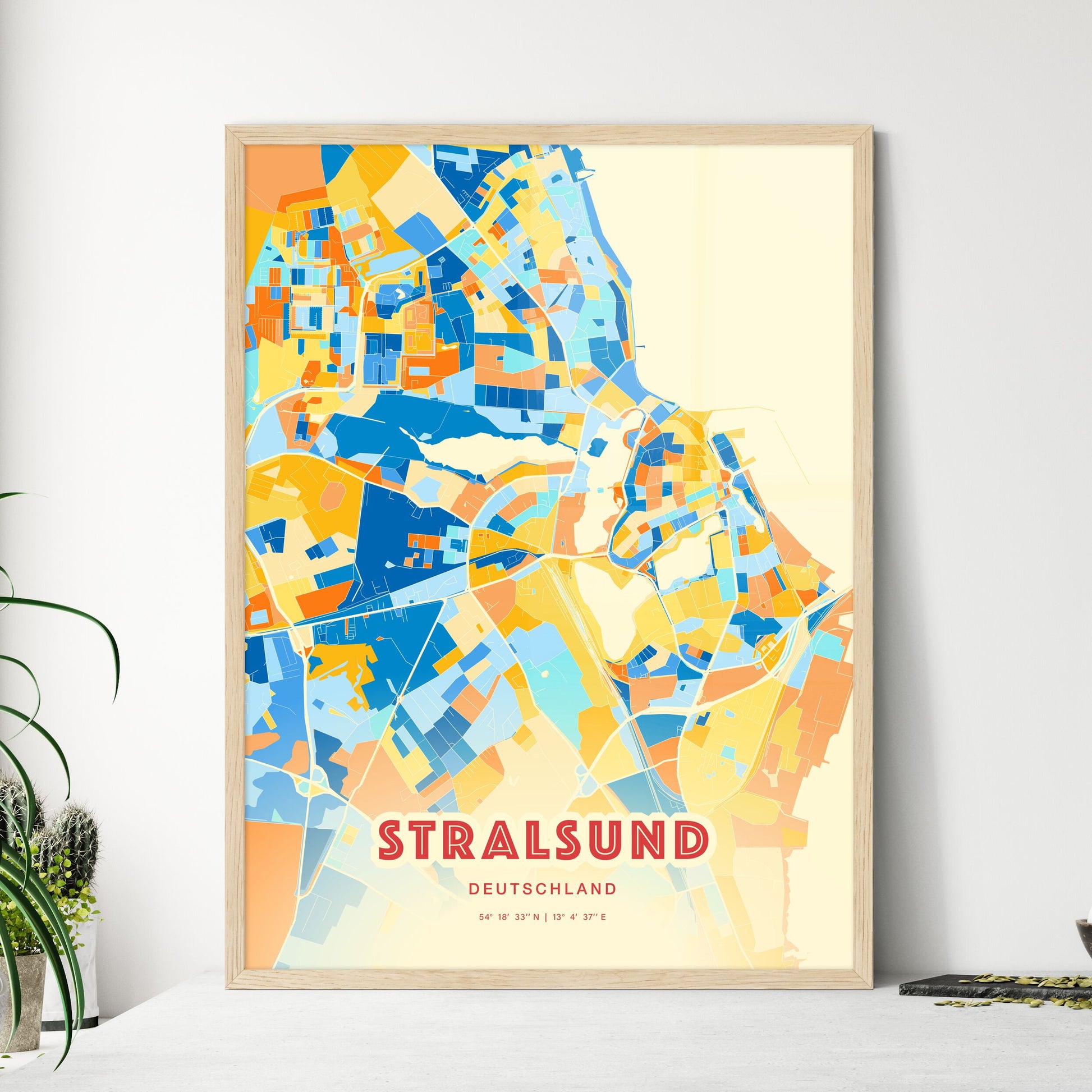 Colorful Stralsund Germany Fine Art Map Blue Orange