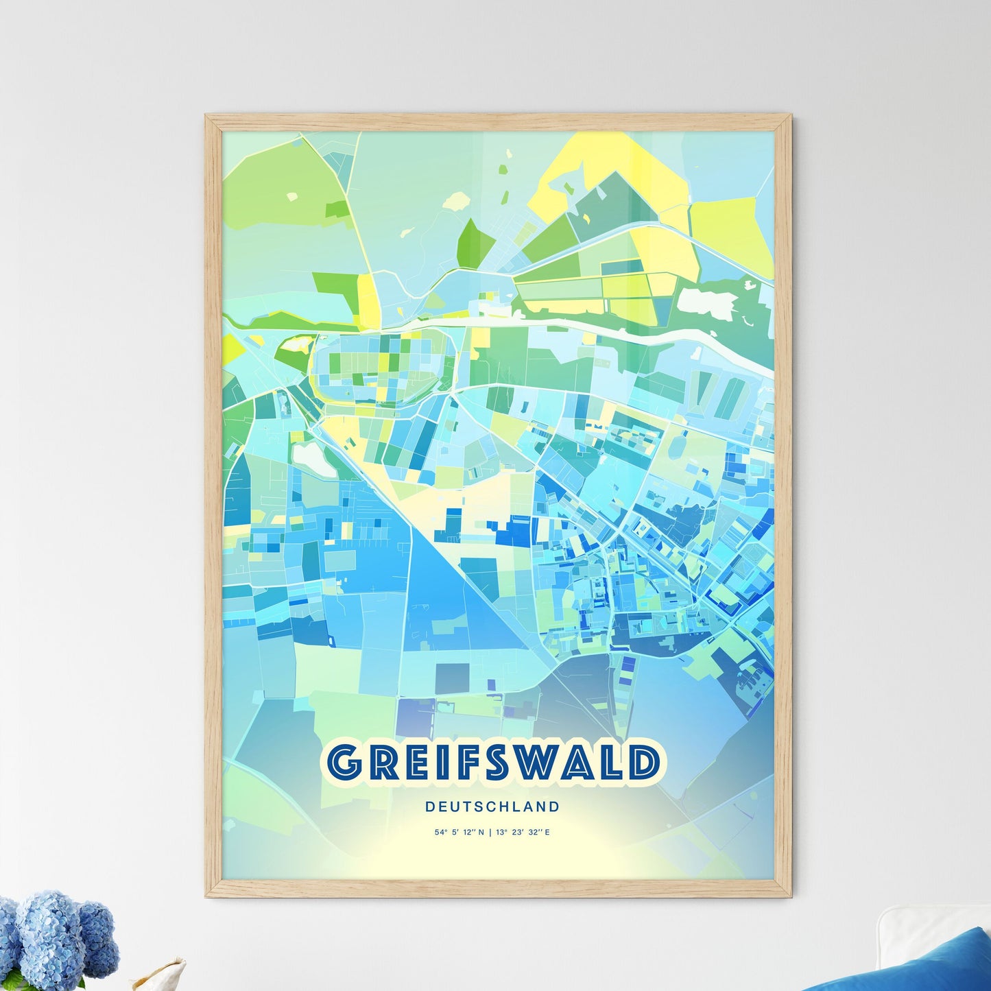 Colorful GREIFSWALD GERMANY Fine Art Map Cool Blue