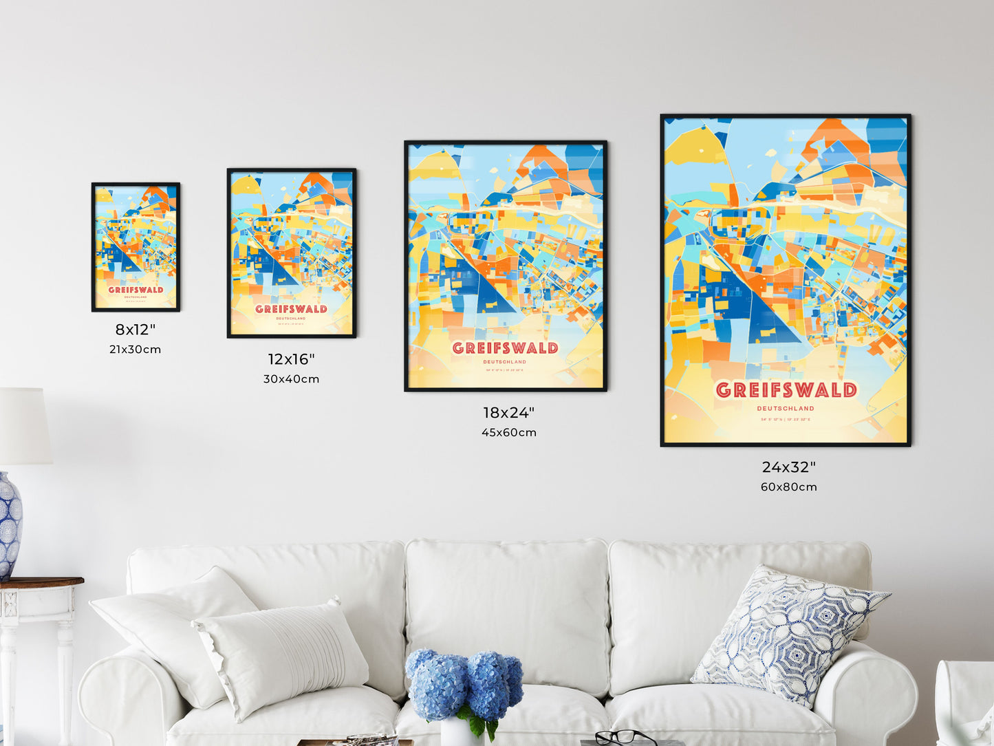 Colorful GREIFSWALD GERMANY Fine Art Map Blue Orange