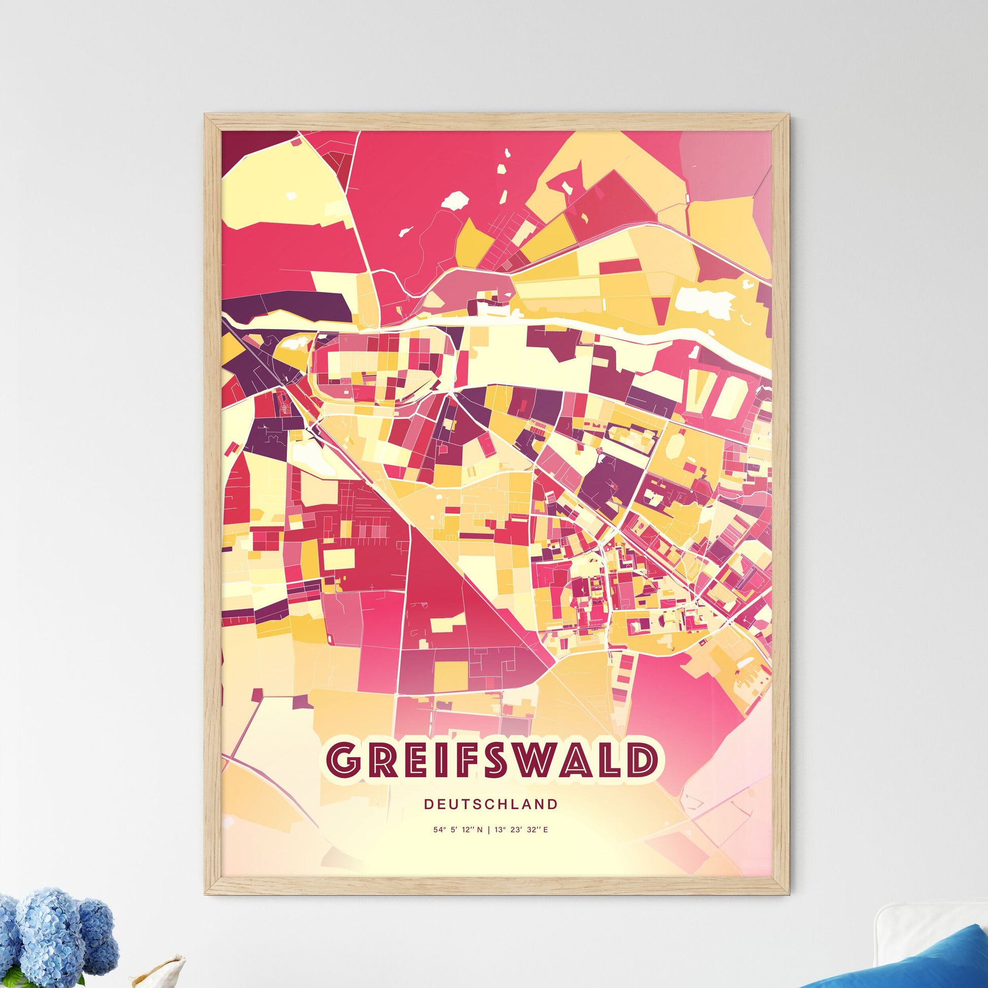 Colorful GREIFSWALD GERMANY Fine Art Map Hot Red