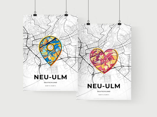 NEU-ULM GERMANY minimal art map with a colorful icon. Where it all began, Couple map gift.