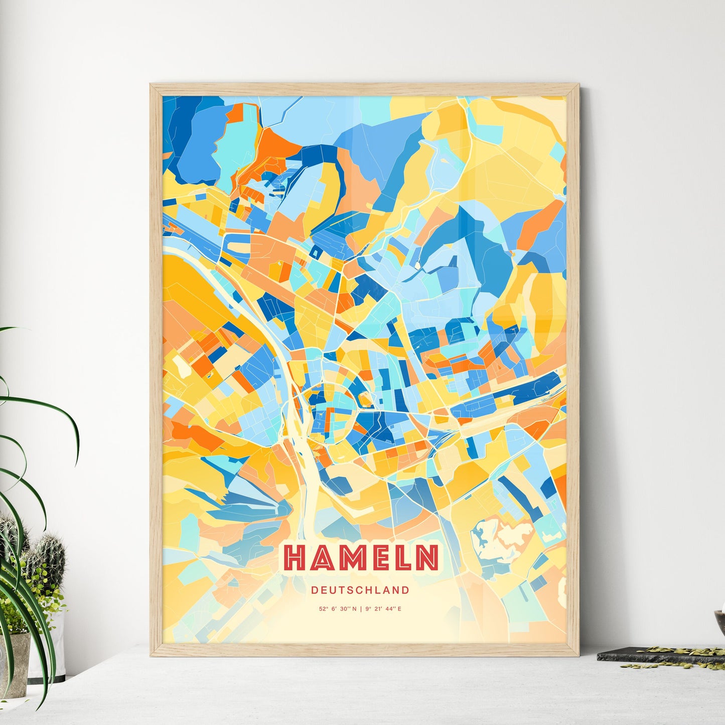 Colorful Hameln Germany Fine Art Map Blue Orange