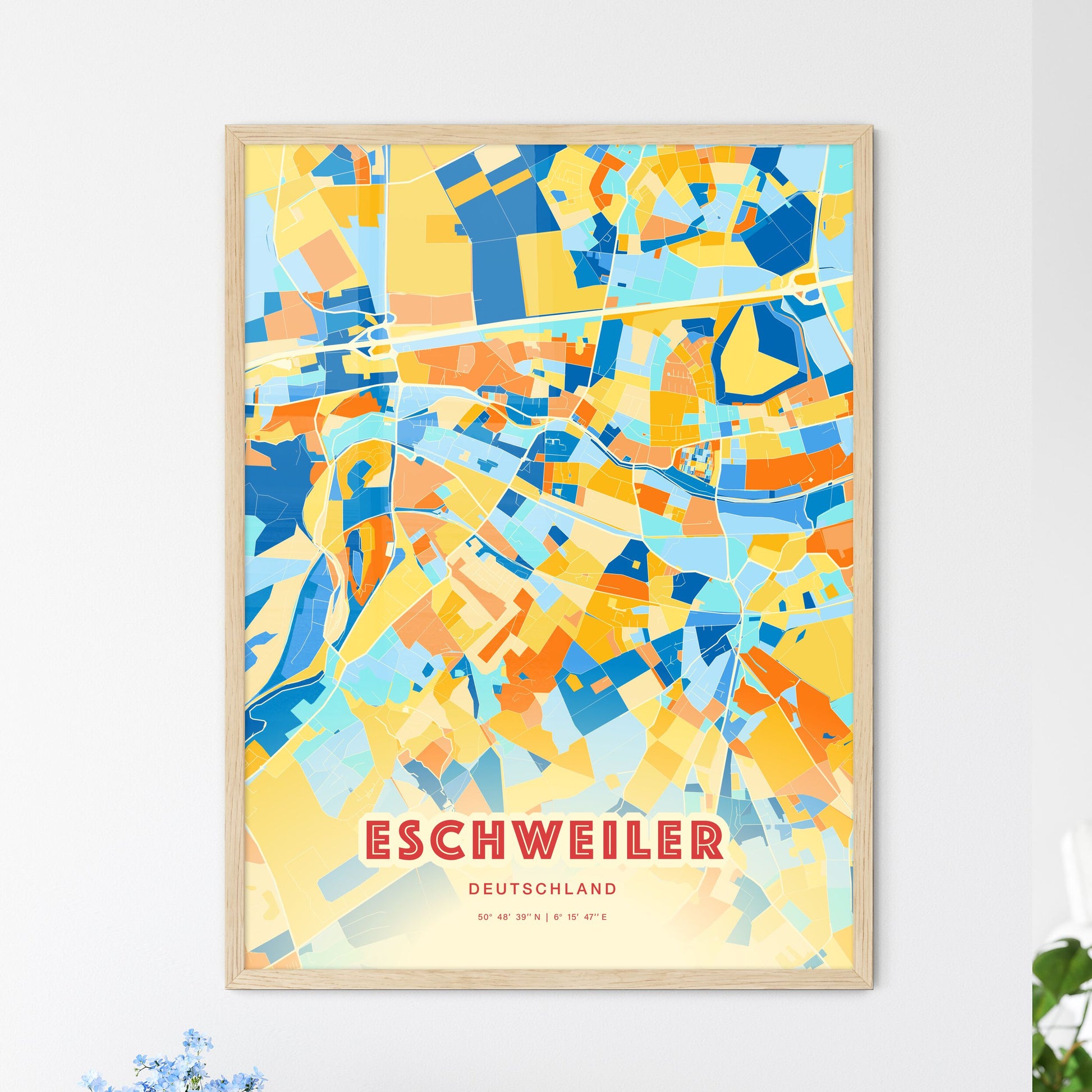 Colorful Eschweiler Germany Fine Art Map Blue Orange