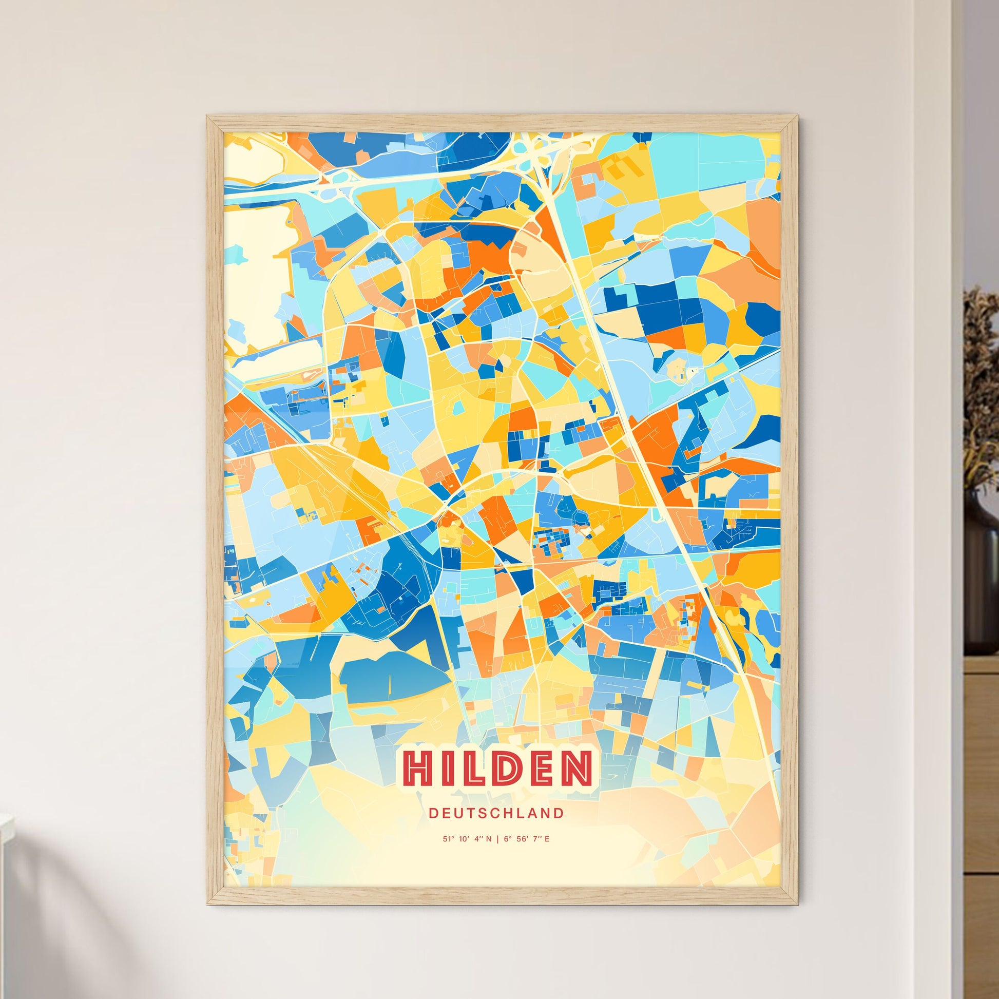 Colorful HILDEN GERMANY Fine Art Map Blue Orange