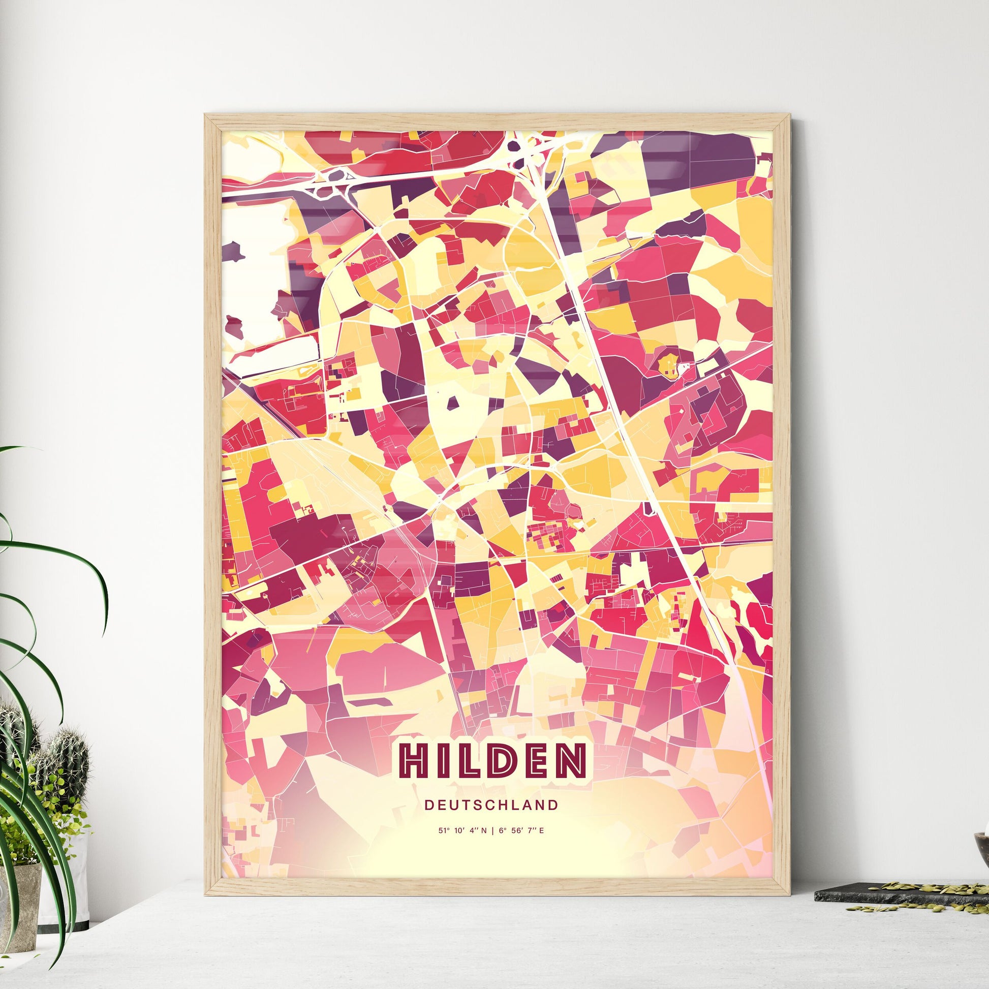 Colorful HILDEN GERMANY Fine Art Map Hot Red