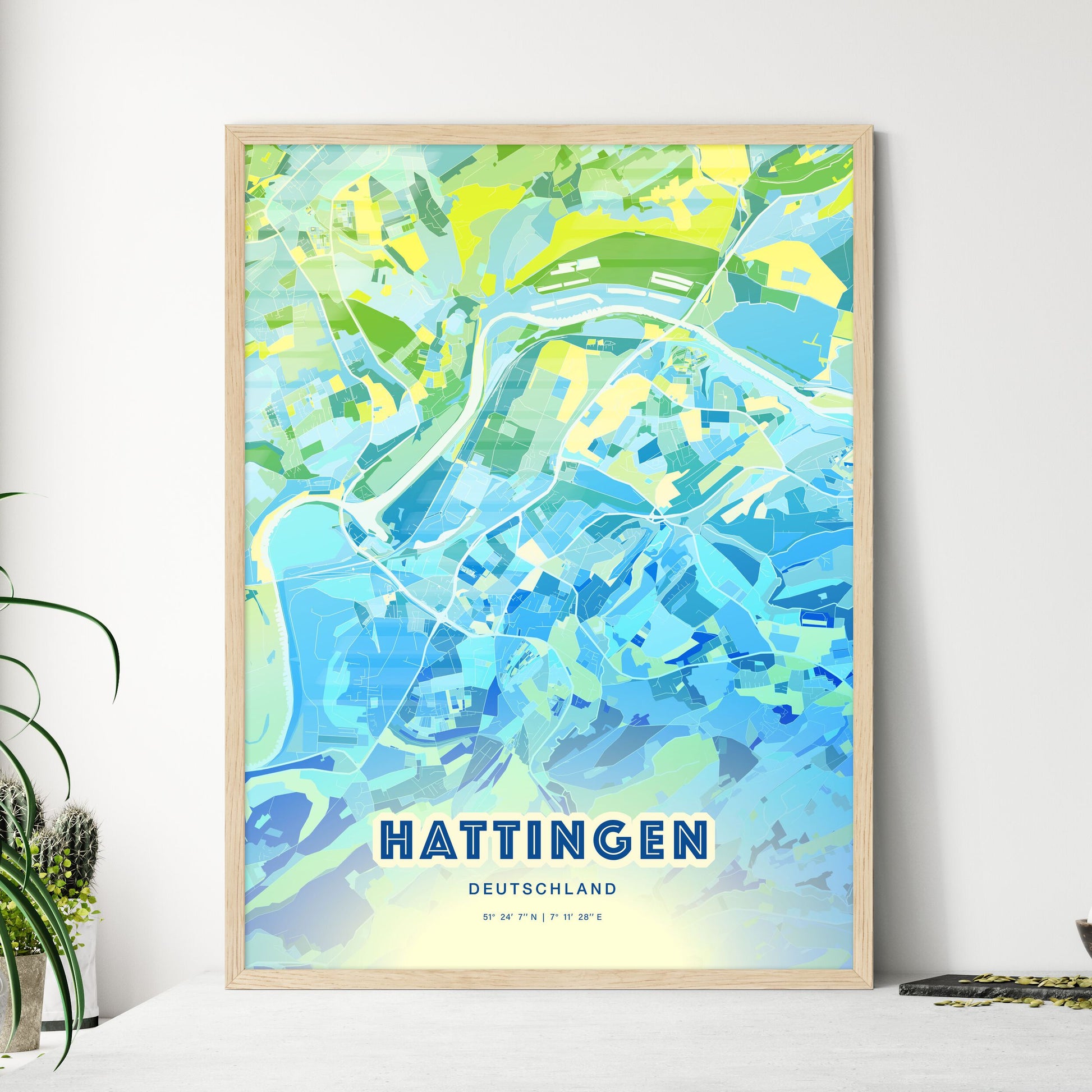 Colorful HATTINGEN GERMANY Fine Art Map Cool Blue