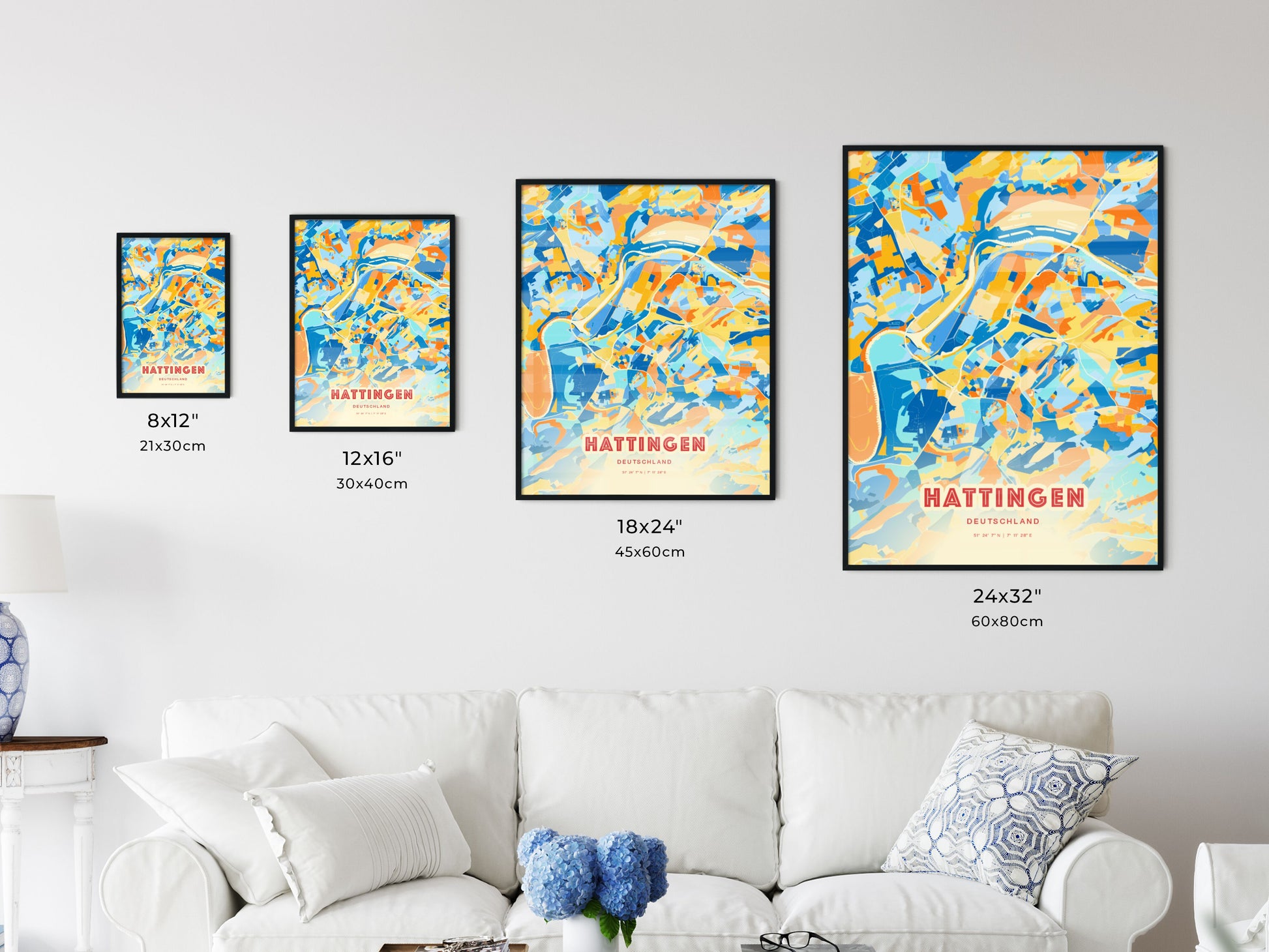 Colorful HATTINGEN GERMANY Fine Art Map Blue Orange