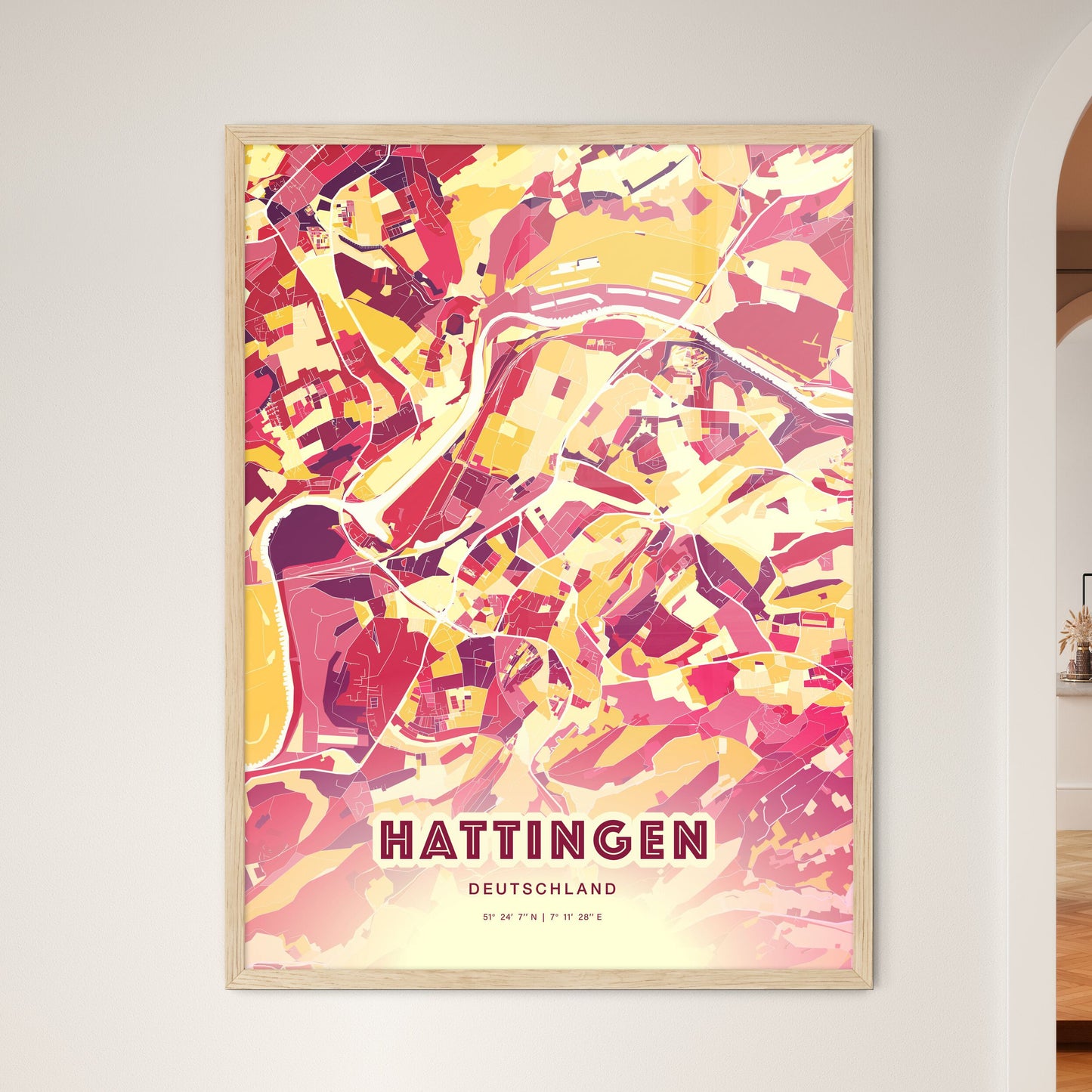 Colorful HATTINGEN GERMANY Fine Art Map Hot Red