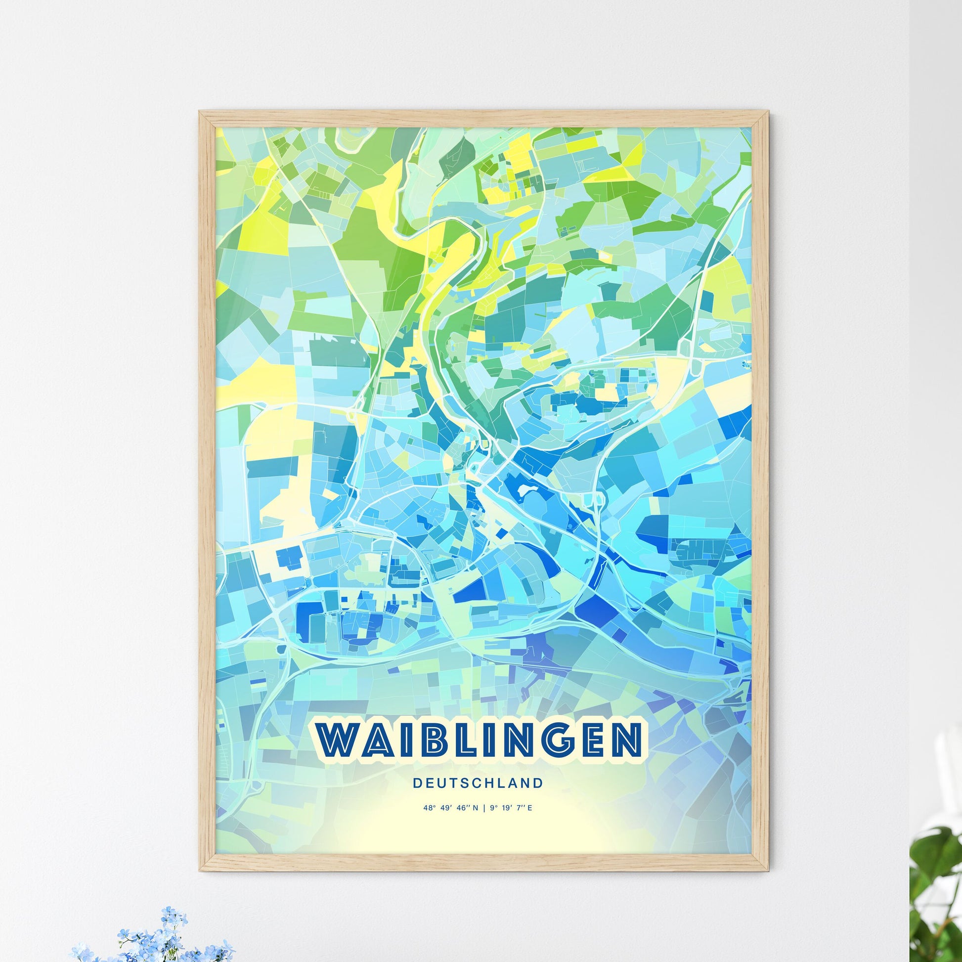 Colorful WAIBLINGEN GERMANY Fine Art Map Cool Blue