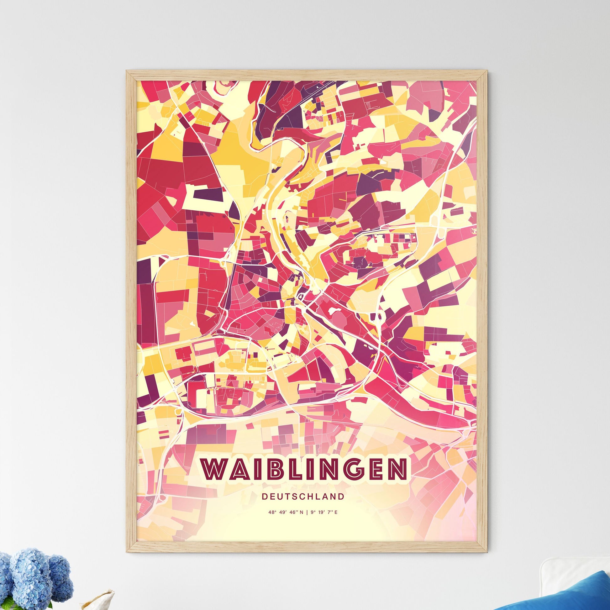 Colorful WAIBLINGEN GERMANY Fine Art Map Hot Red