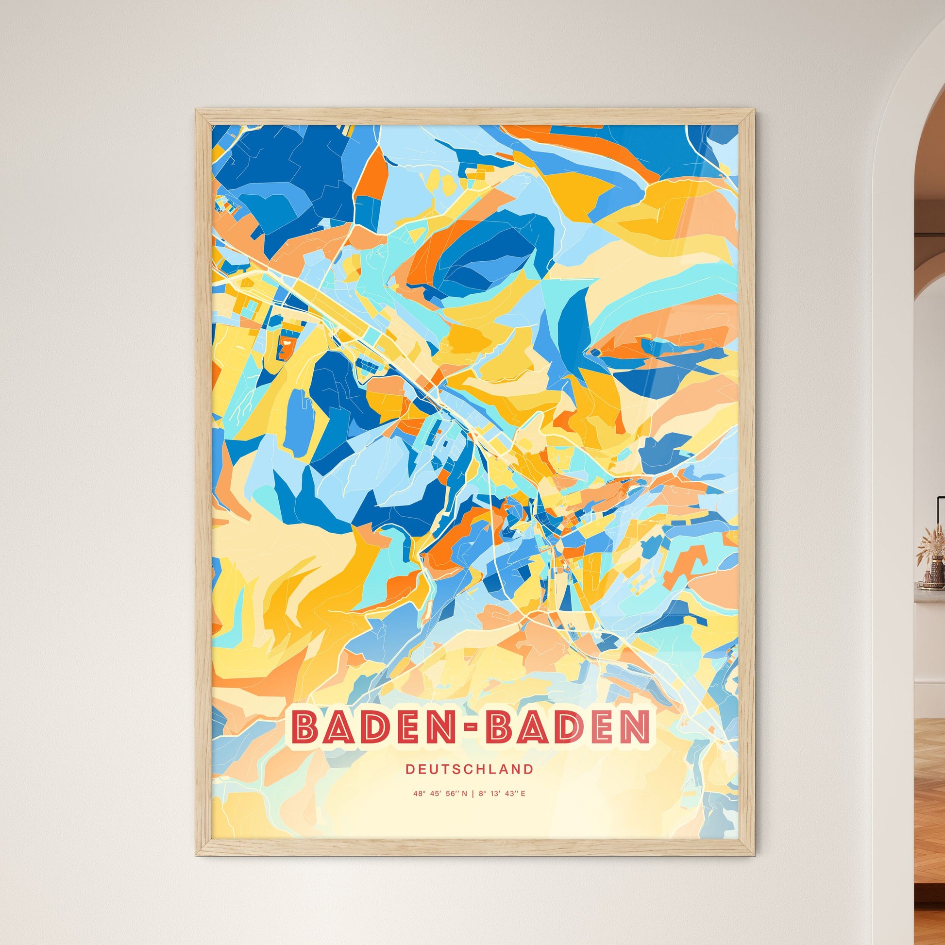 Colorful Baden-Baden Germany Fine Art Map Blue Orange