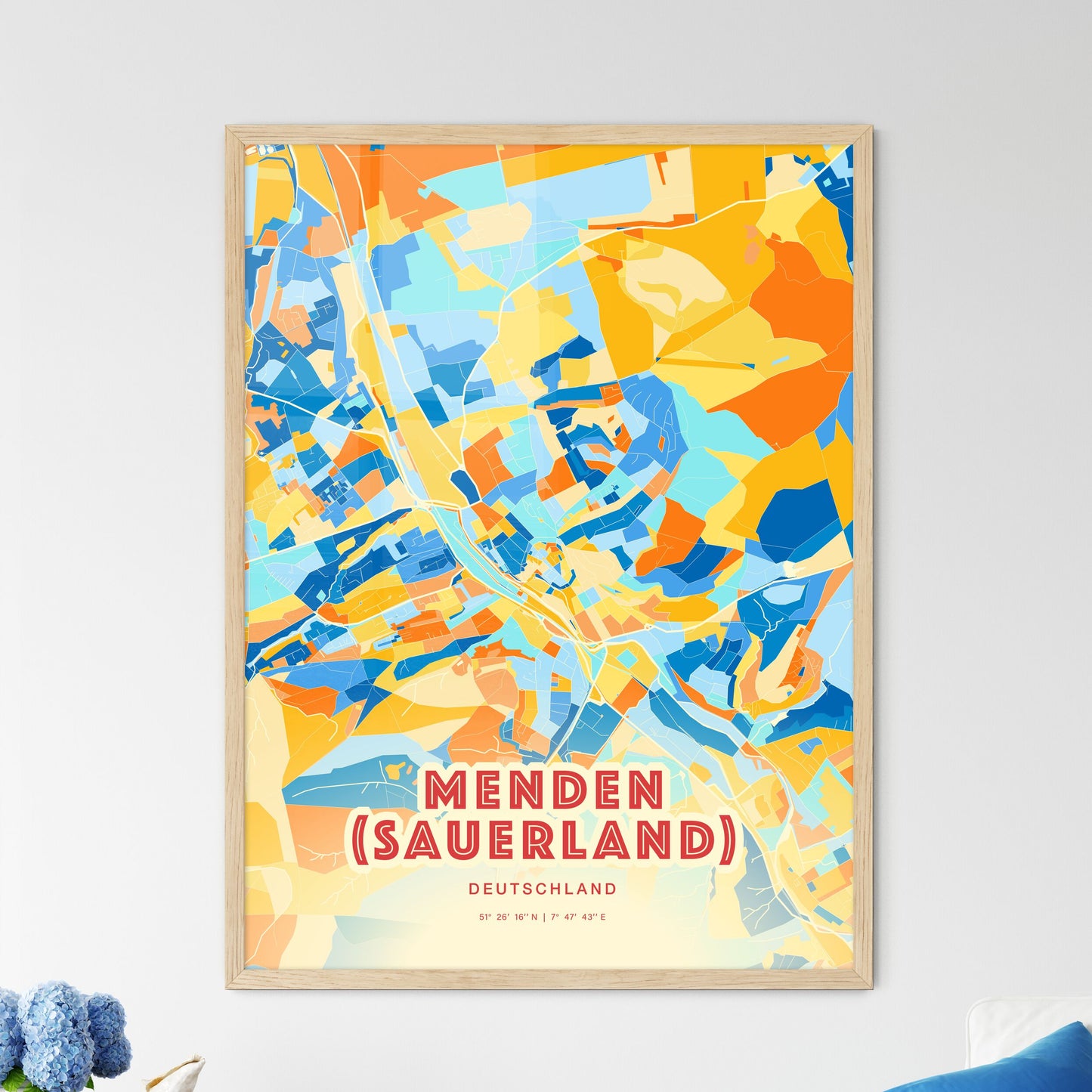 Colorful MENDEN (SAUERLAND) GERMANY Fine Art Map Blue Orange