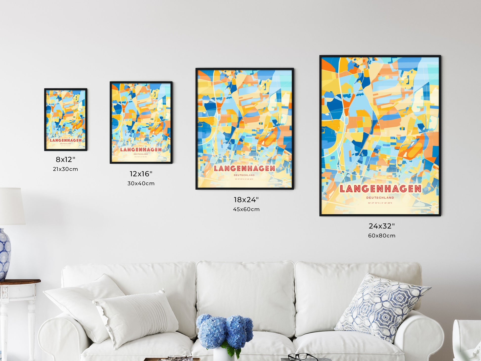 Colorful LANGENHAGEN GERMANY Fine Art Map Blue Orange