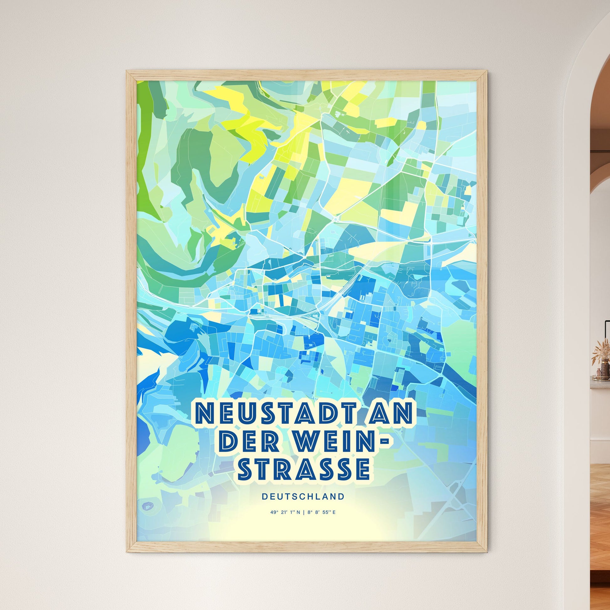 Colorful NEUSTADT AN DER WEINSTRASSE GERMANY Fine Art Map Cool Blue