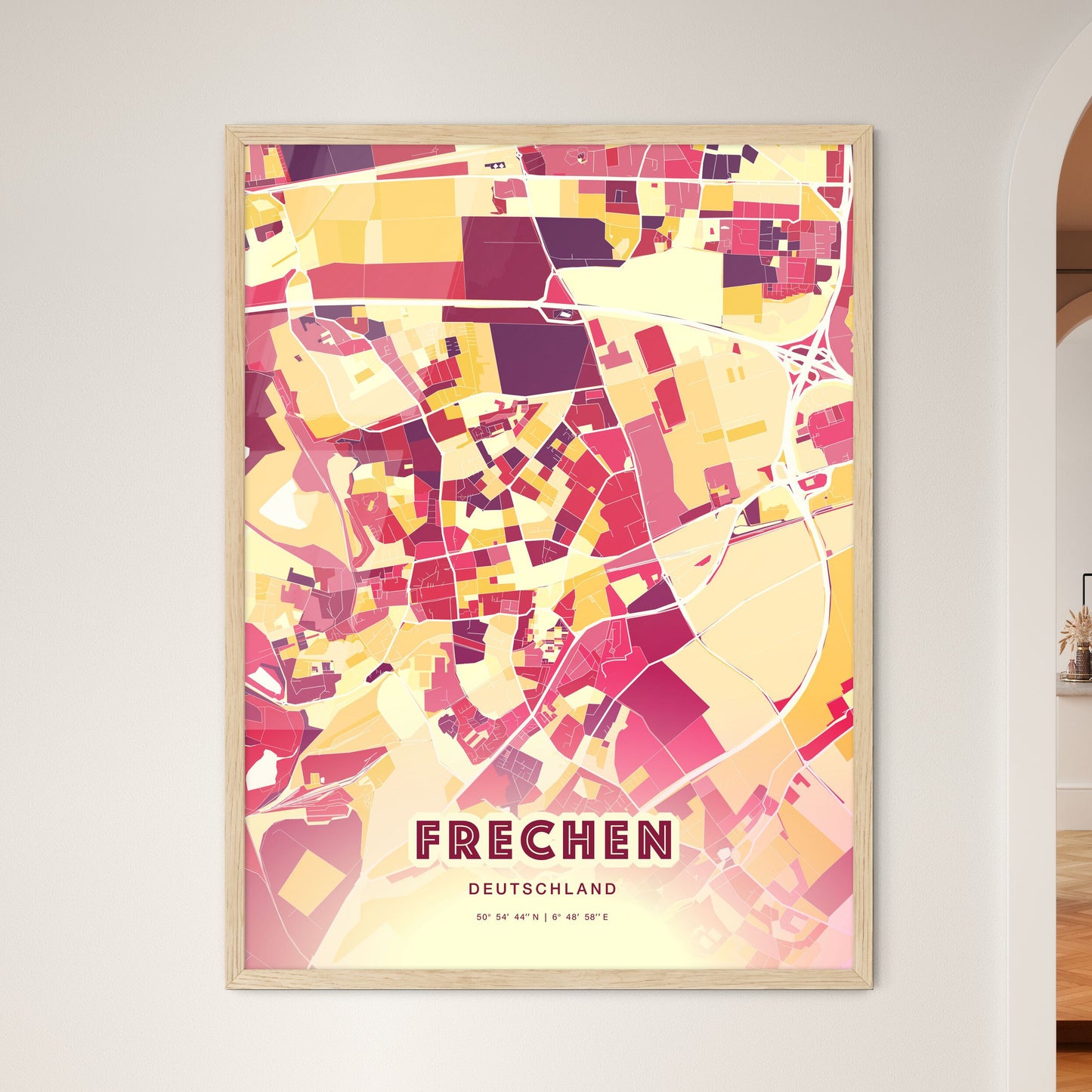 Colorful FRECHEN GERMANY Fine Art Map Hot Red