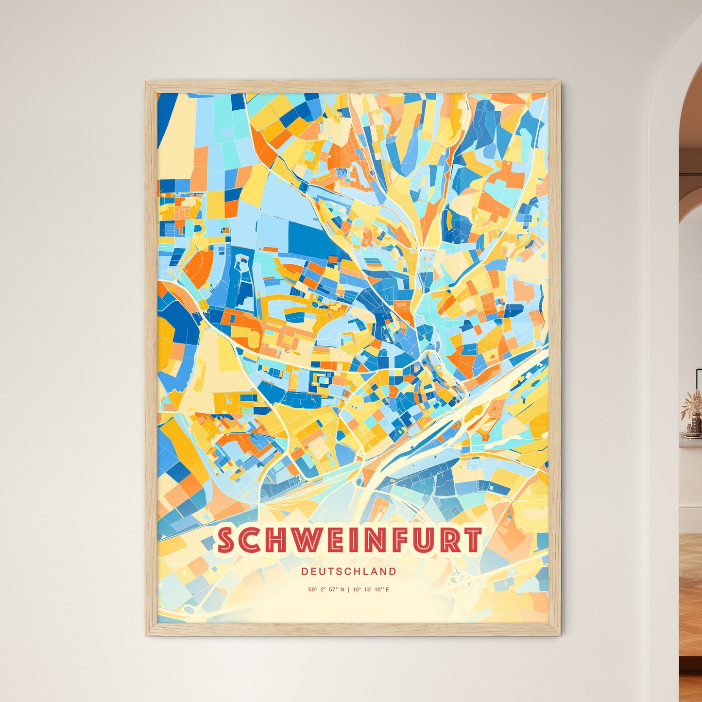 Colorful Schweinfurt Germany Fine Art Map Blue Orange