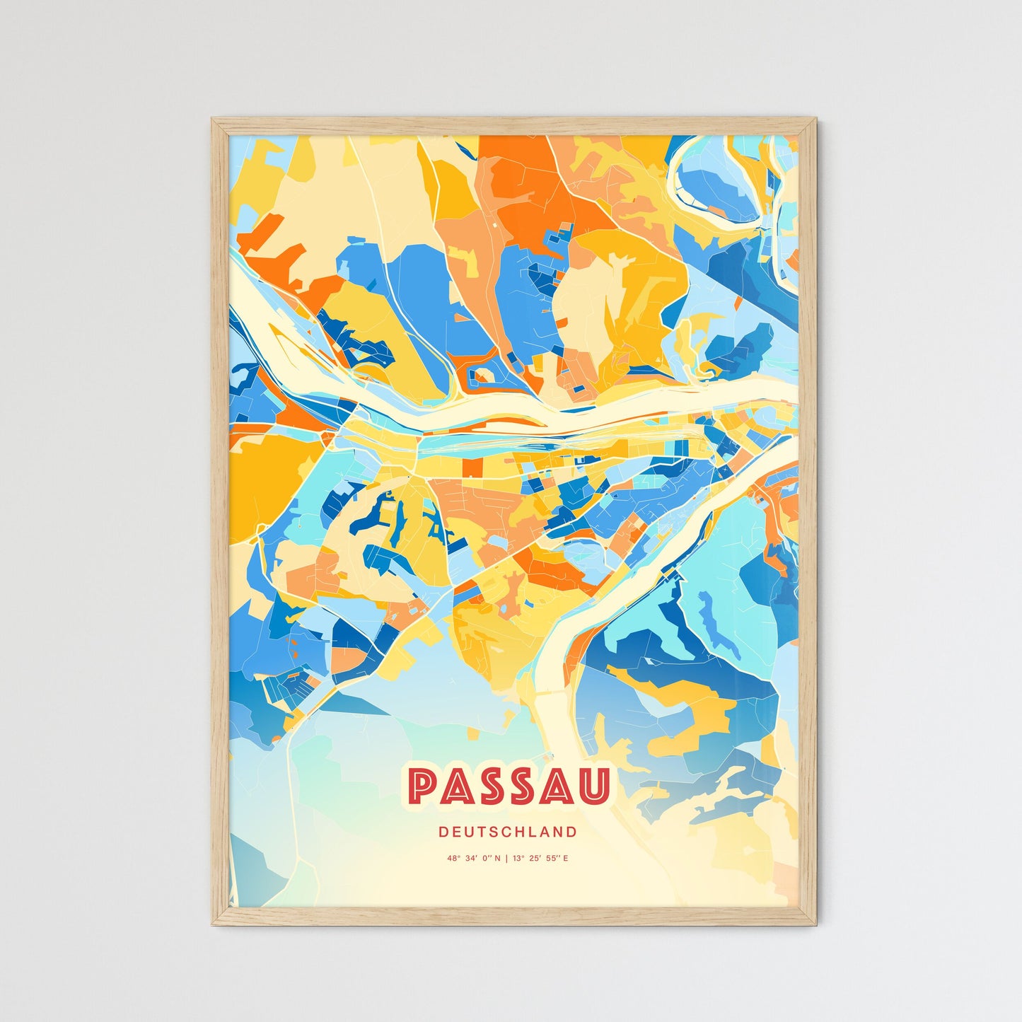 Colorful PASSAU GERMANY Fine Art Map Blue Orange