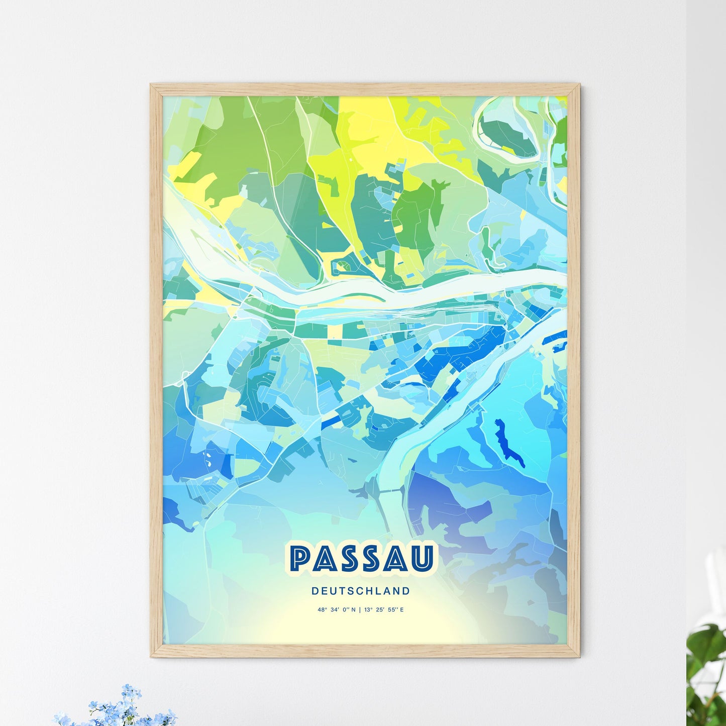 Colorful PASSAU GERMANY Fine Art Map Cool Blue