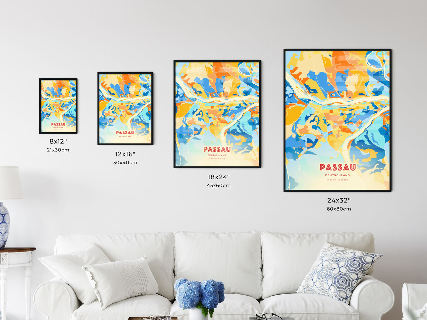 Colorful PASSAU GERMANY Fine Art Map Blue Orange