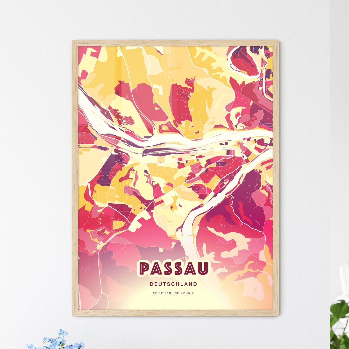 Colorful PASSAU GERMANY Fine Art Map Hot Red