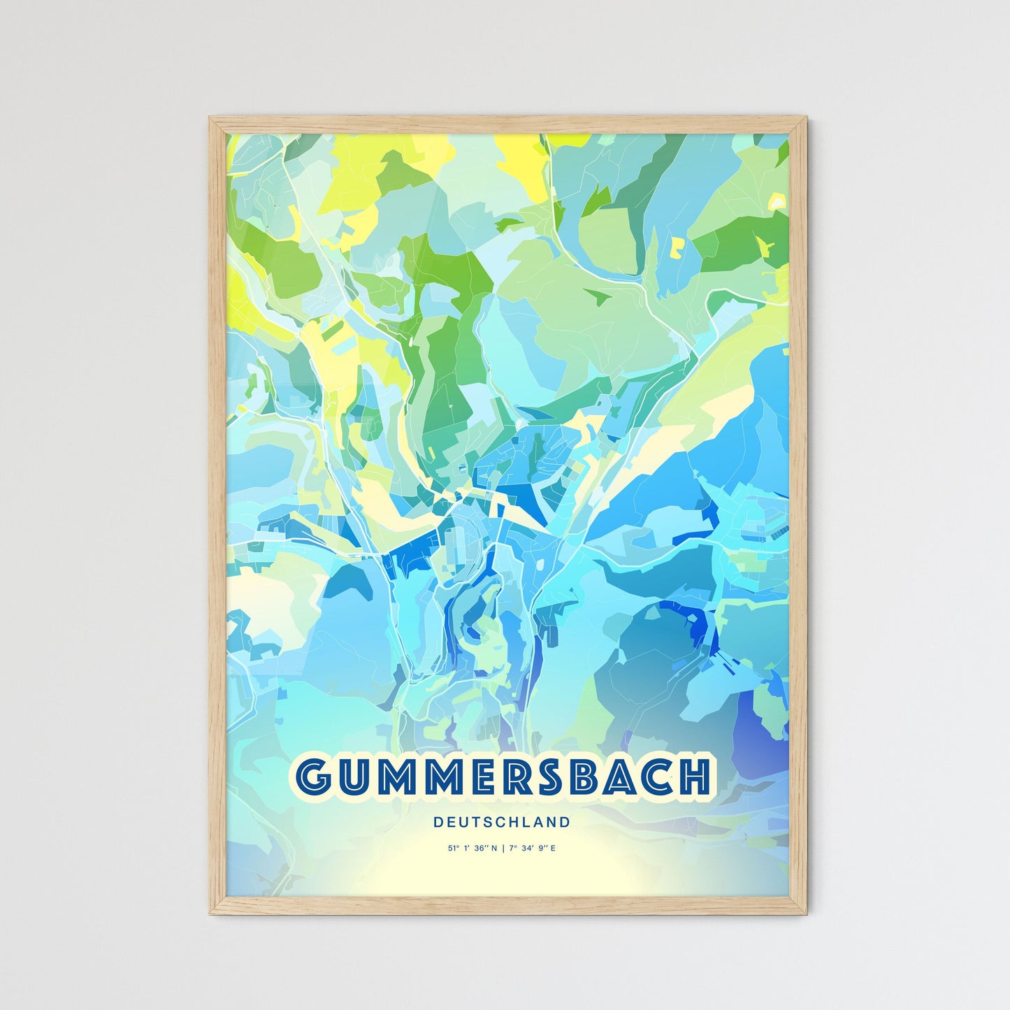 Colorful GUMMERSBACH GERMANY Fine Art Map Cool Blue