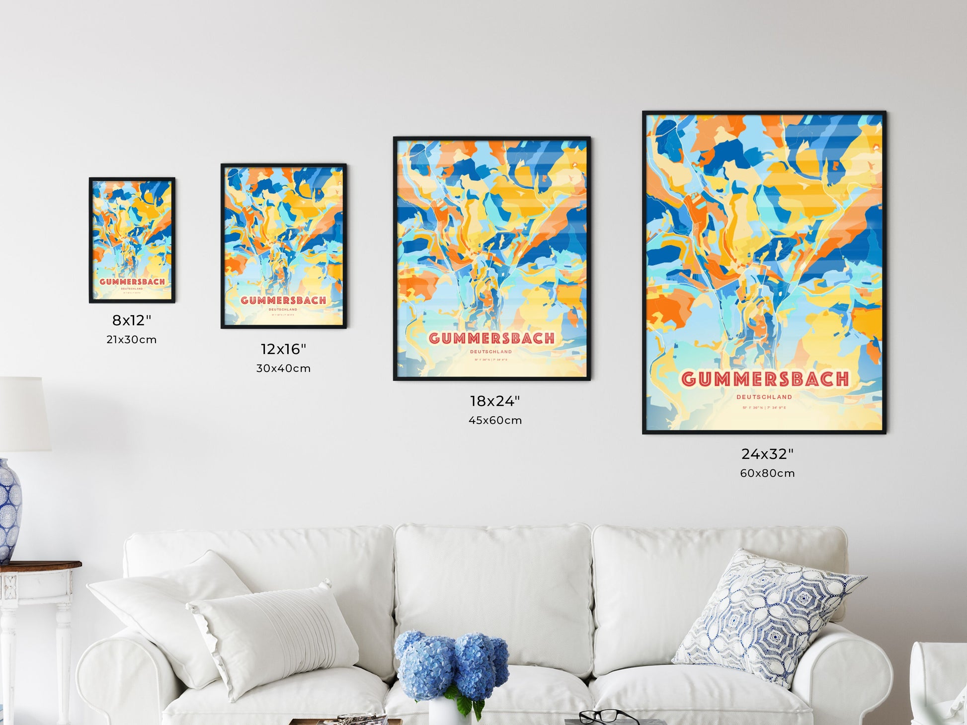 Colorful GUMMERSBACH GERMANY Fine Art Map Blue Orange