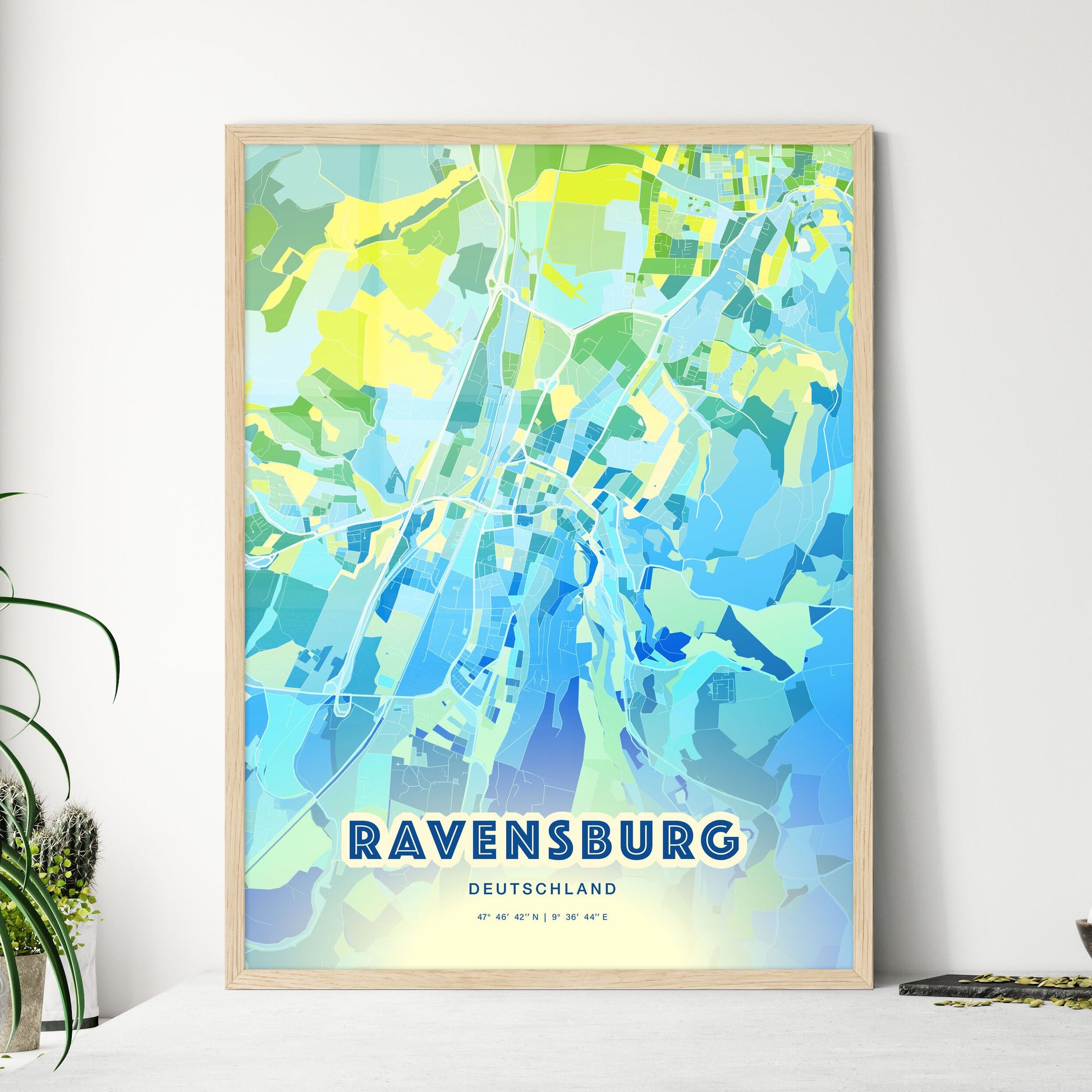 Colorful RAVENSBURG GERMANY Fine Art Map Cool Blue