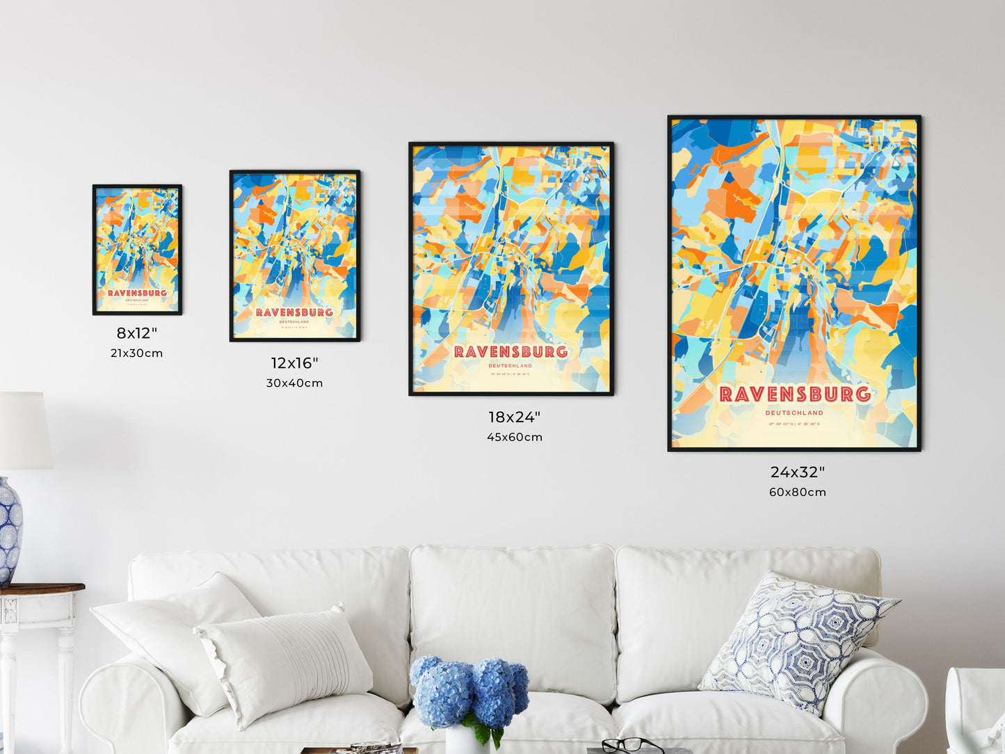 Colorful RAVENSBURG GERMANY Fine Art Map Blue Orange