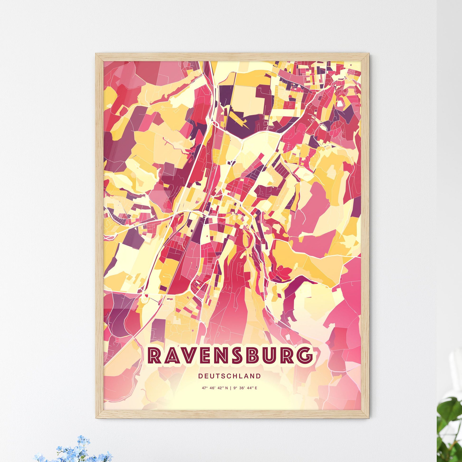 Colorful RAVENSBURG GERMANY Fine Art Map Hot Red