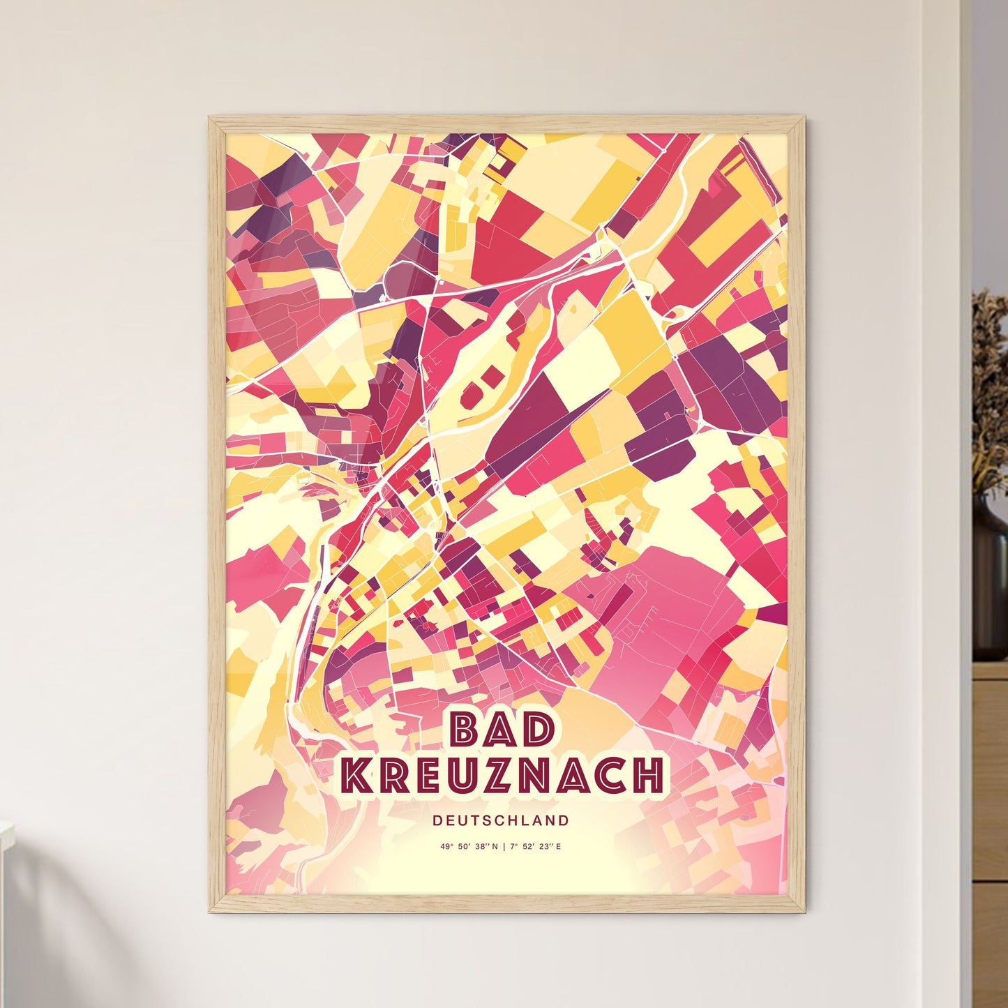 Colorful BAD KREUZNACH GERMANY Fine Art Map Hot Red