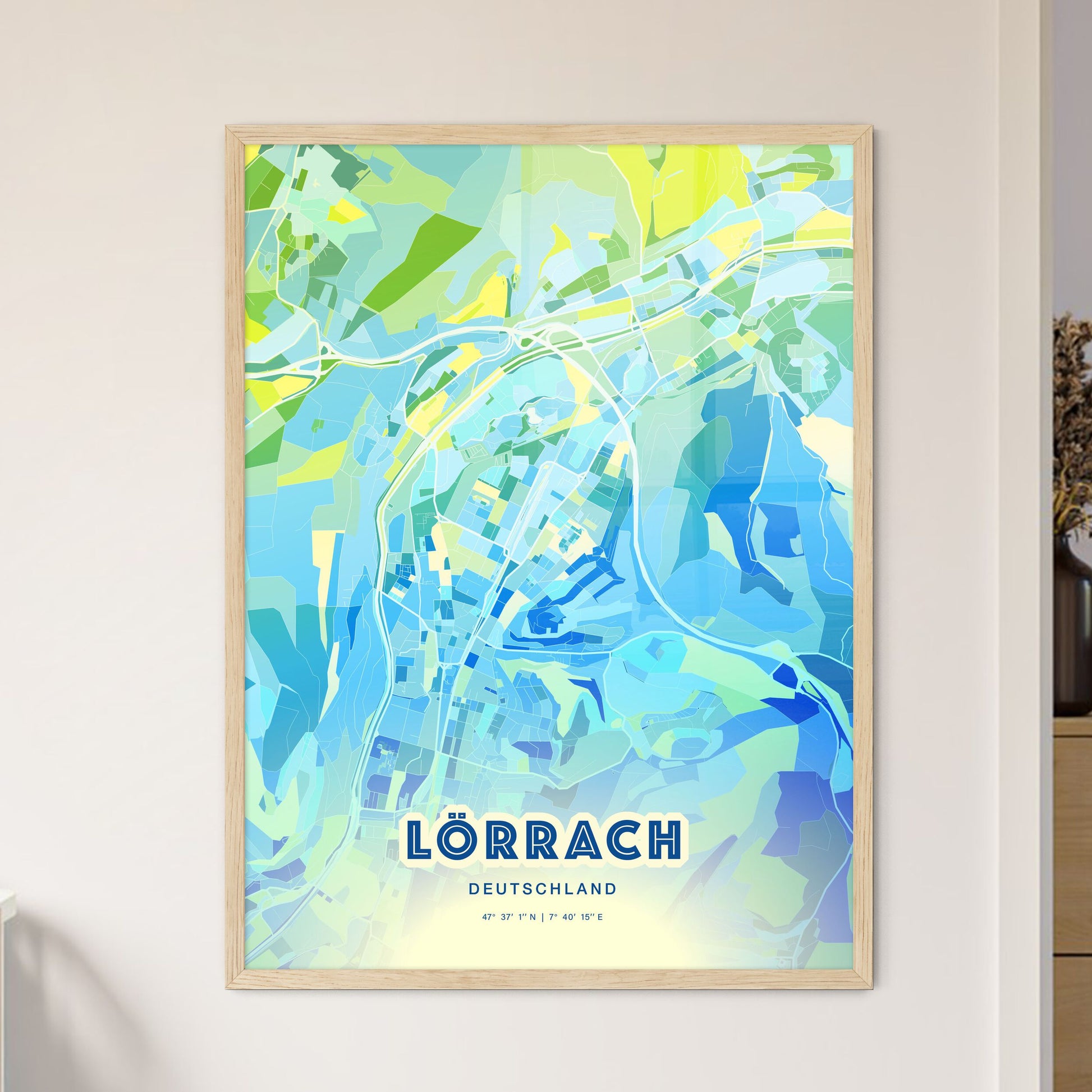 Colorful LORRACH GERMANY Fine Art Map Cool Blue