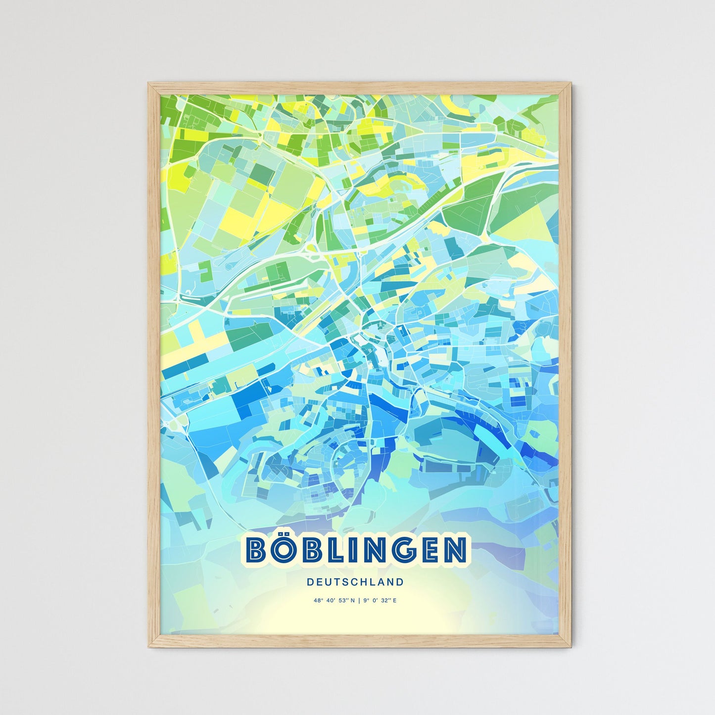 Colorful BOBLINGEN GERMANY Fine Art Map Cool Blue