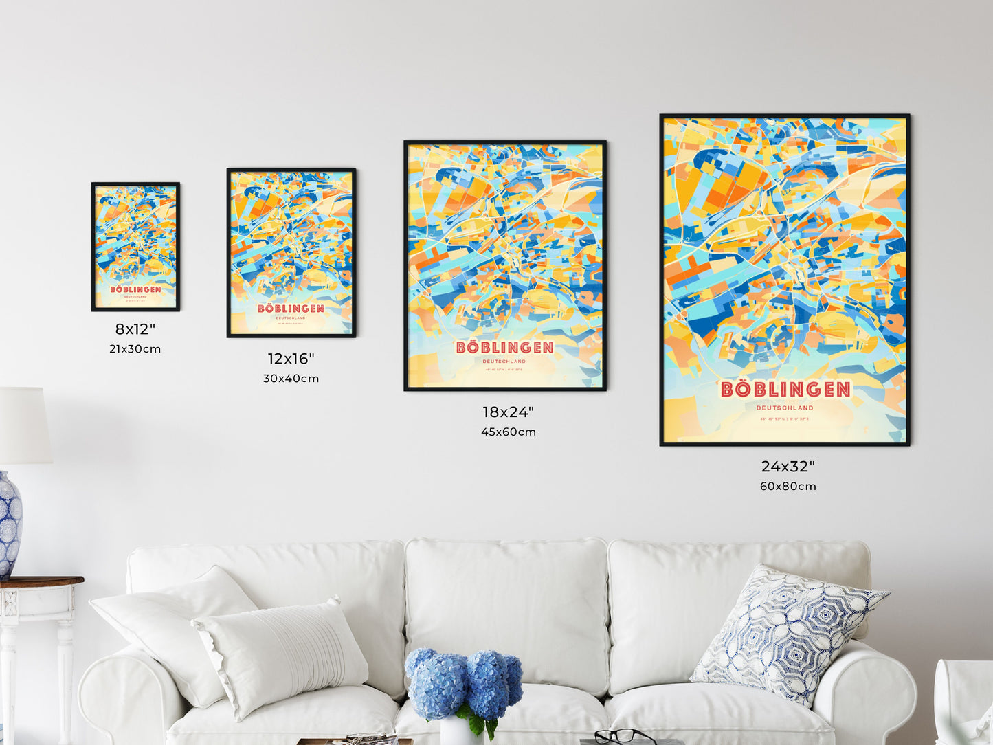 Colorful BOBLINGEN GERMANY Fine Art Map Blue Orange