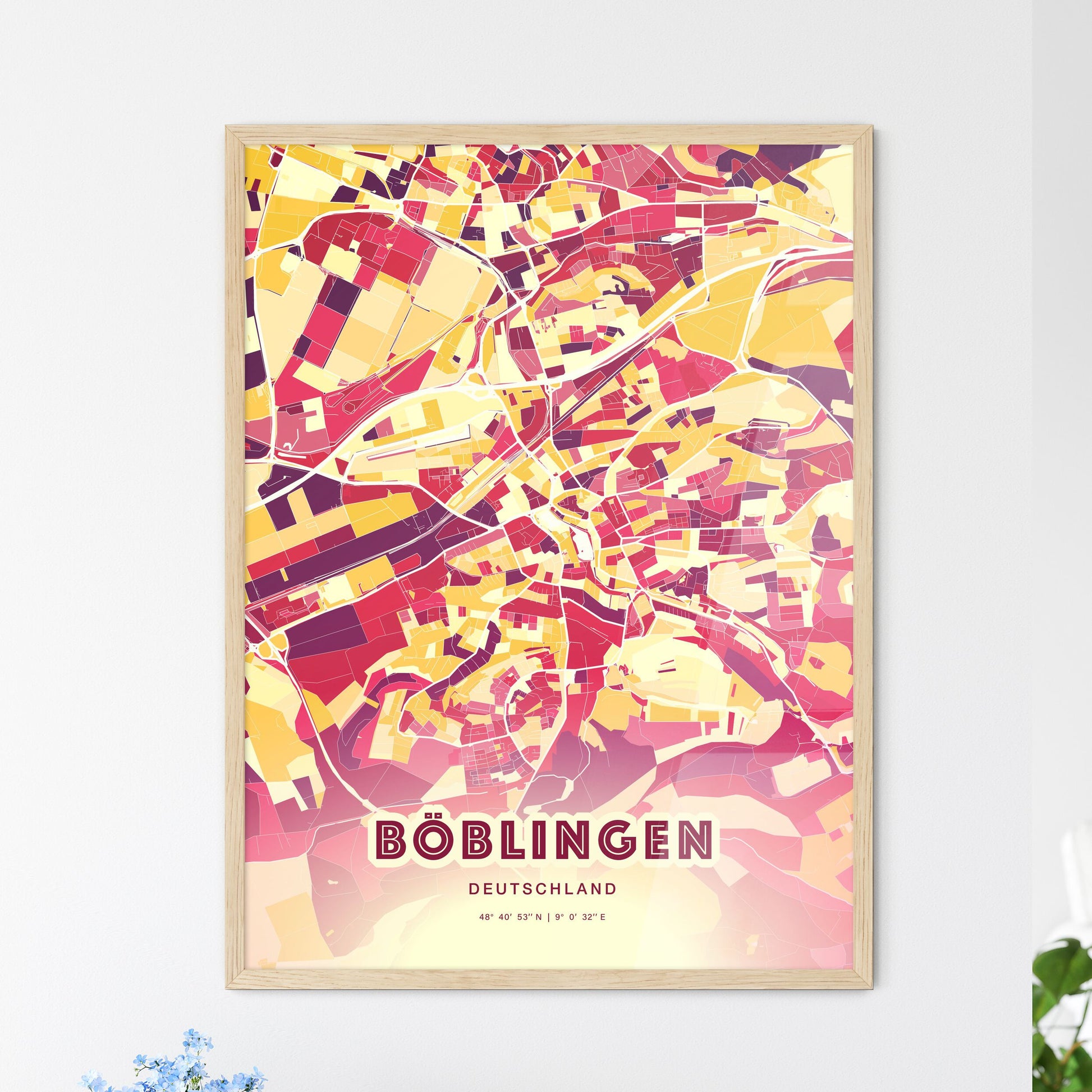 Colorful BOBLINGEN GERMANY Fine Art Map Hot Red